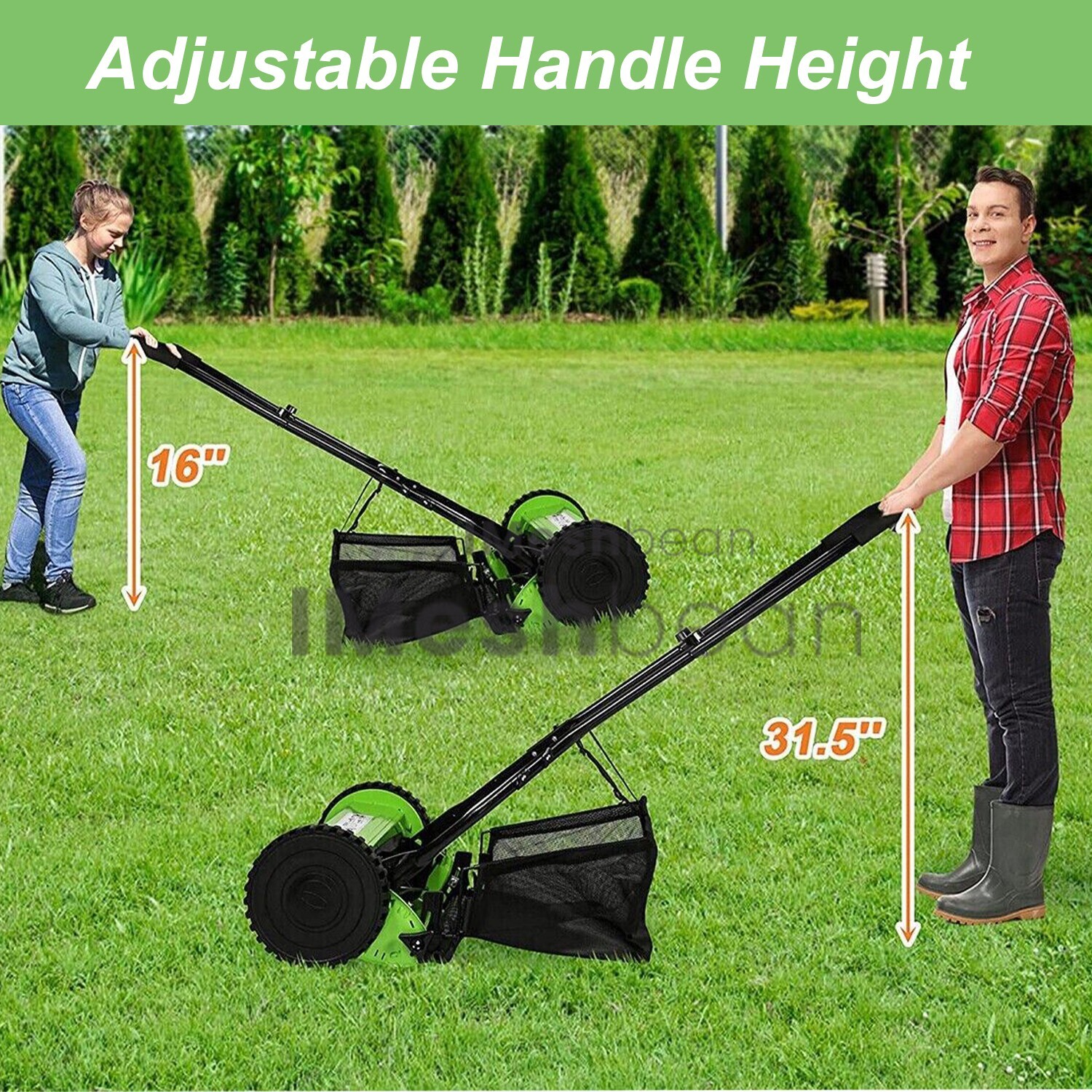 16-Inch 5-Blade Manual Reel Lawn Mower w/Adjustable Cutting and Handle Height
