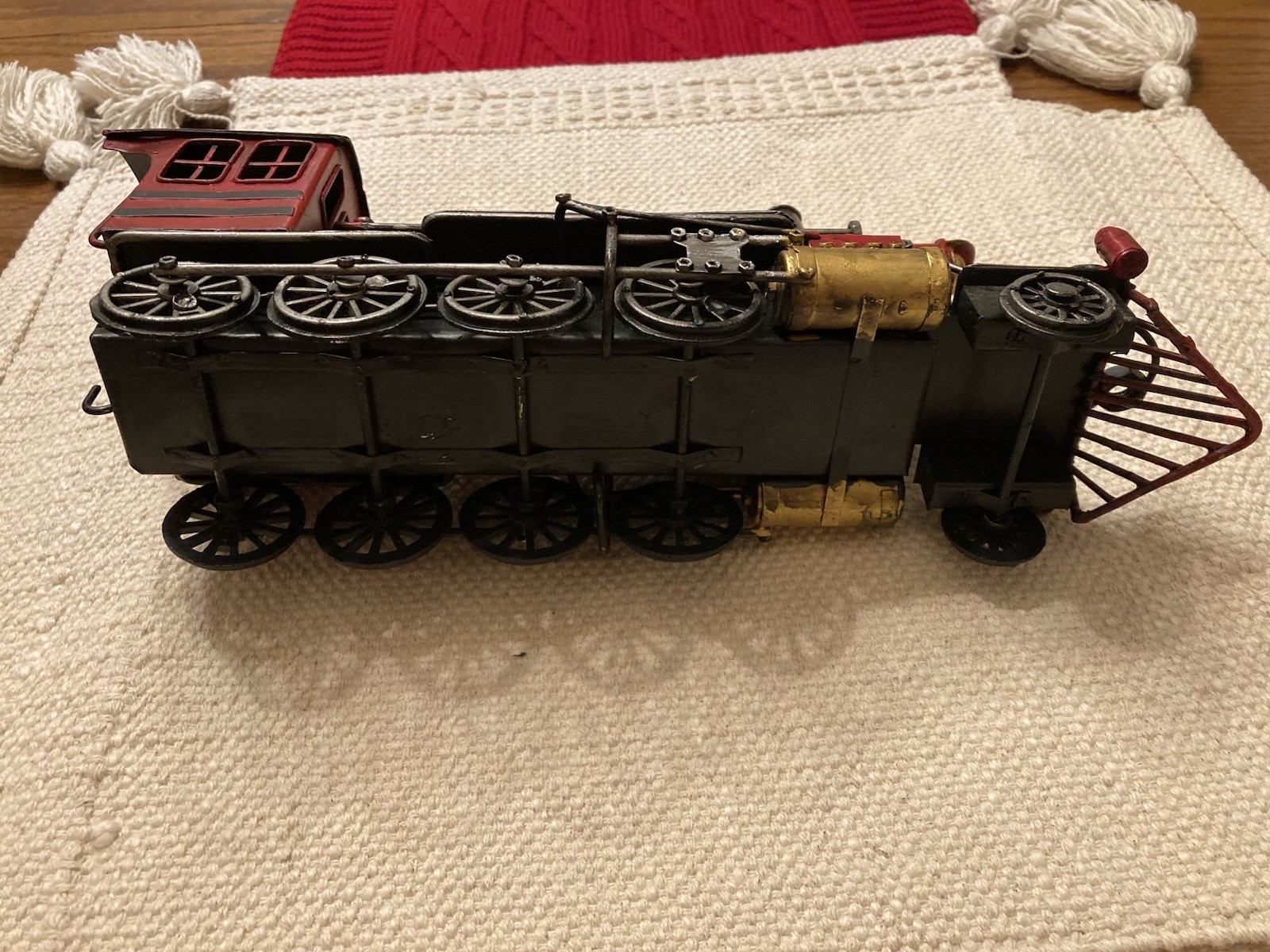 Vtg Decorative Metal Steam Locomotive Model Train Engine Red Black Gold On Base