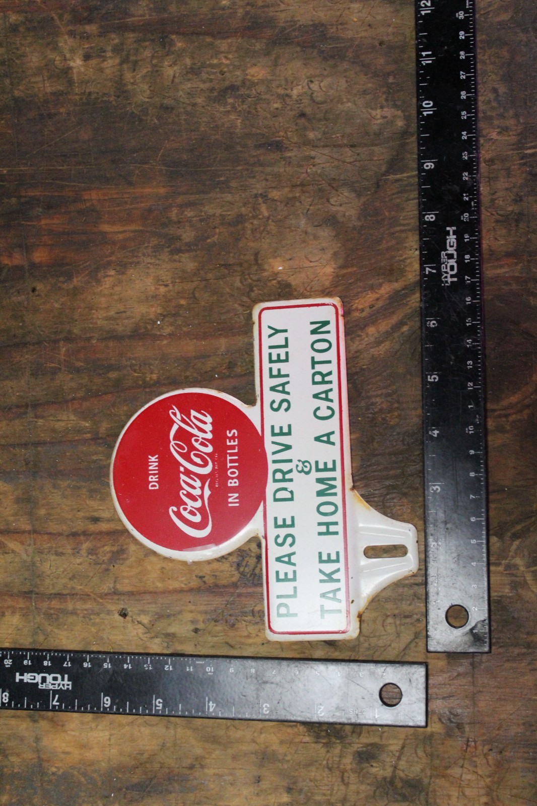RARE 1950s DRINK COCA COLA DRIVE SAFELY STAMPED PAINTED METAL TOPPER SIGN SODA