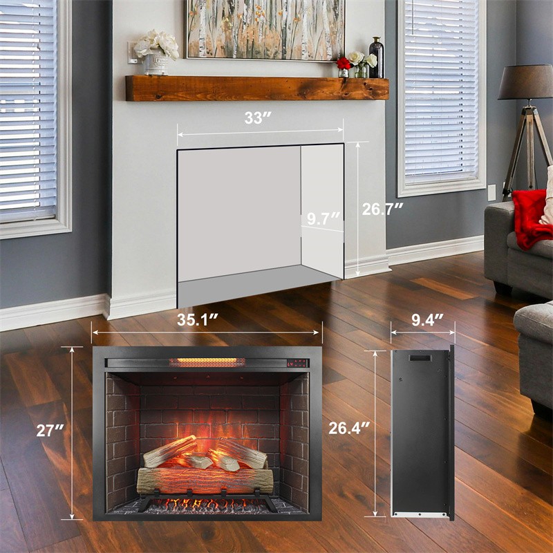 33" Infrared Electric Fireplace Insert Heater Realistic Flame w/Crackling Sound