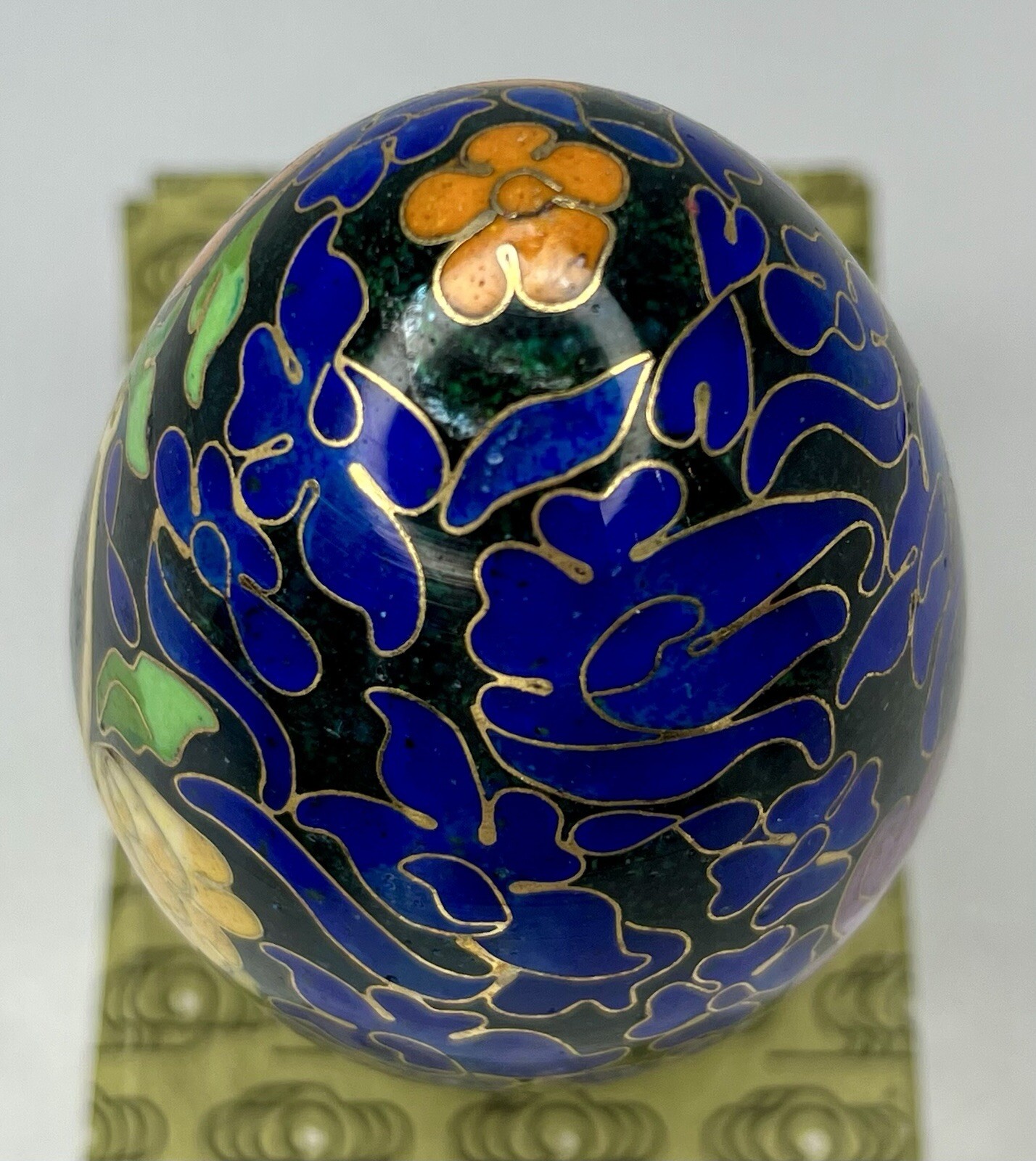 Vintage Chinese Black Cloisonné Enamel Copper Egg Pink Flowers Wood Stand In Box