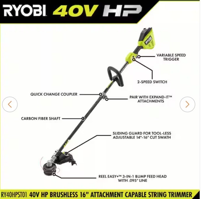 NEW RYOBI 40V Brushless 16" Carbon Fiber Attach Ready String Trimmer -TOOL ONLY