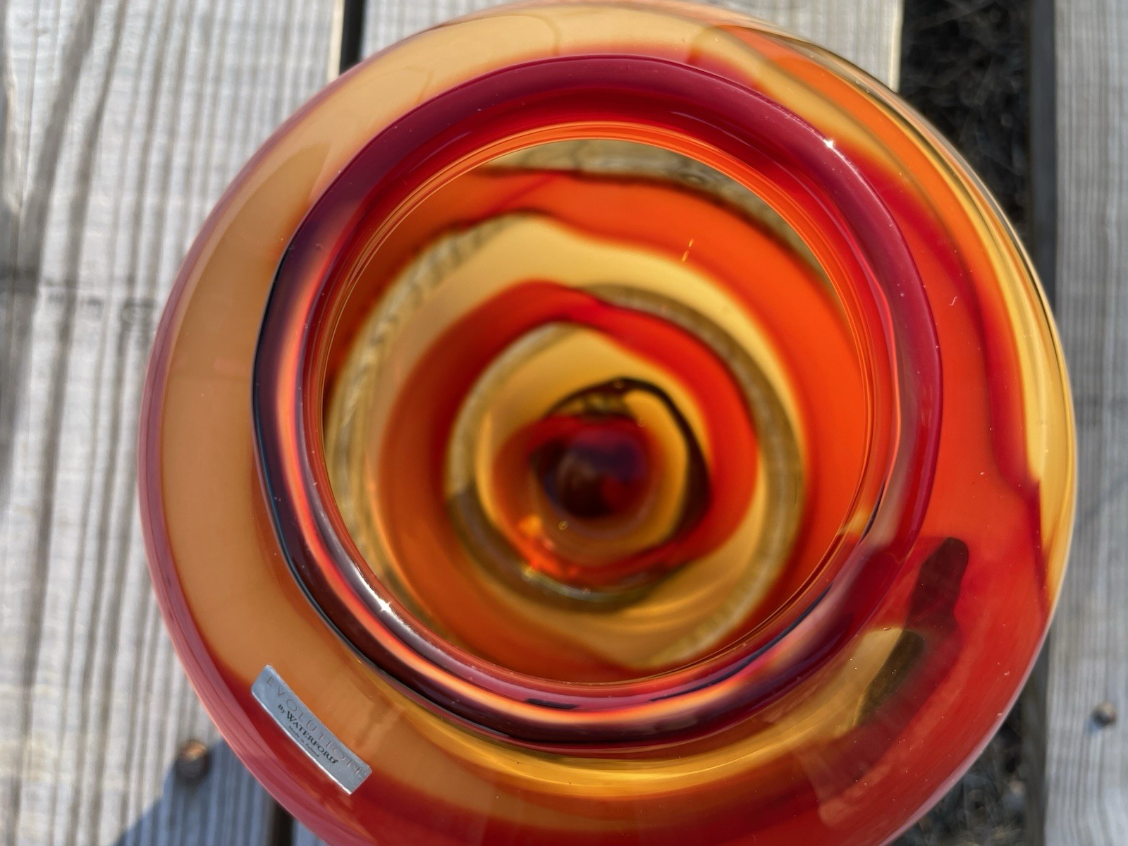 Waterford Evolution “Red Sea” Crystal Amphora Art Glass Vase, swirl design