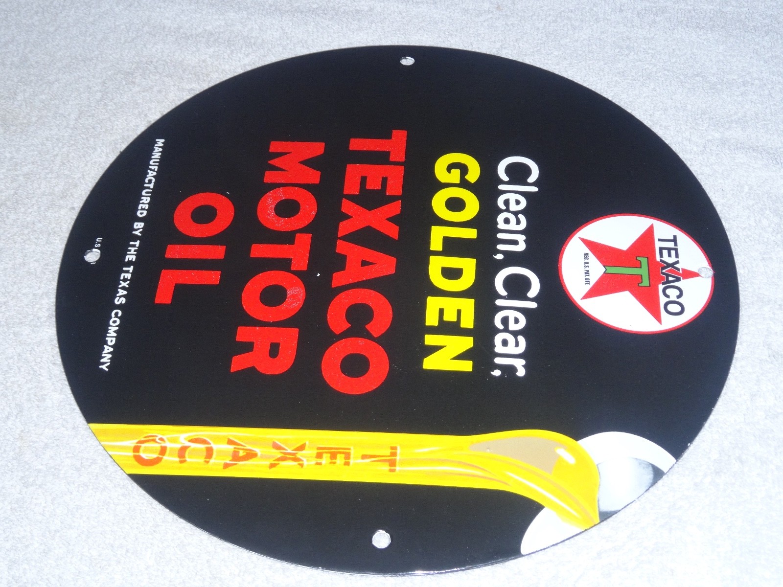 VINTAGE 1948 CLEAN, CLEAR TEXACO MOTOR OIL 11 3/4" PORCELAIN METAL GASOLINE SIGN