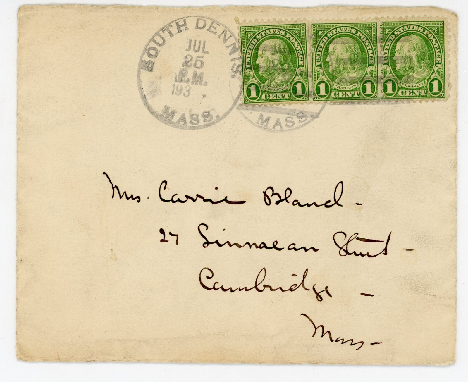 1933 Handwritten Letter from South Dennis MA to Cambridge | Stamped Cover