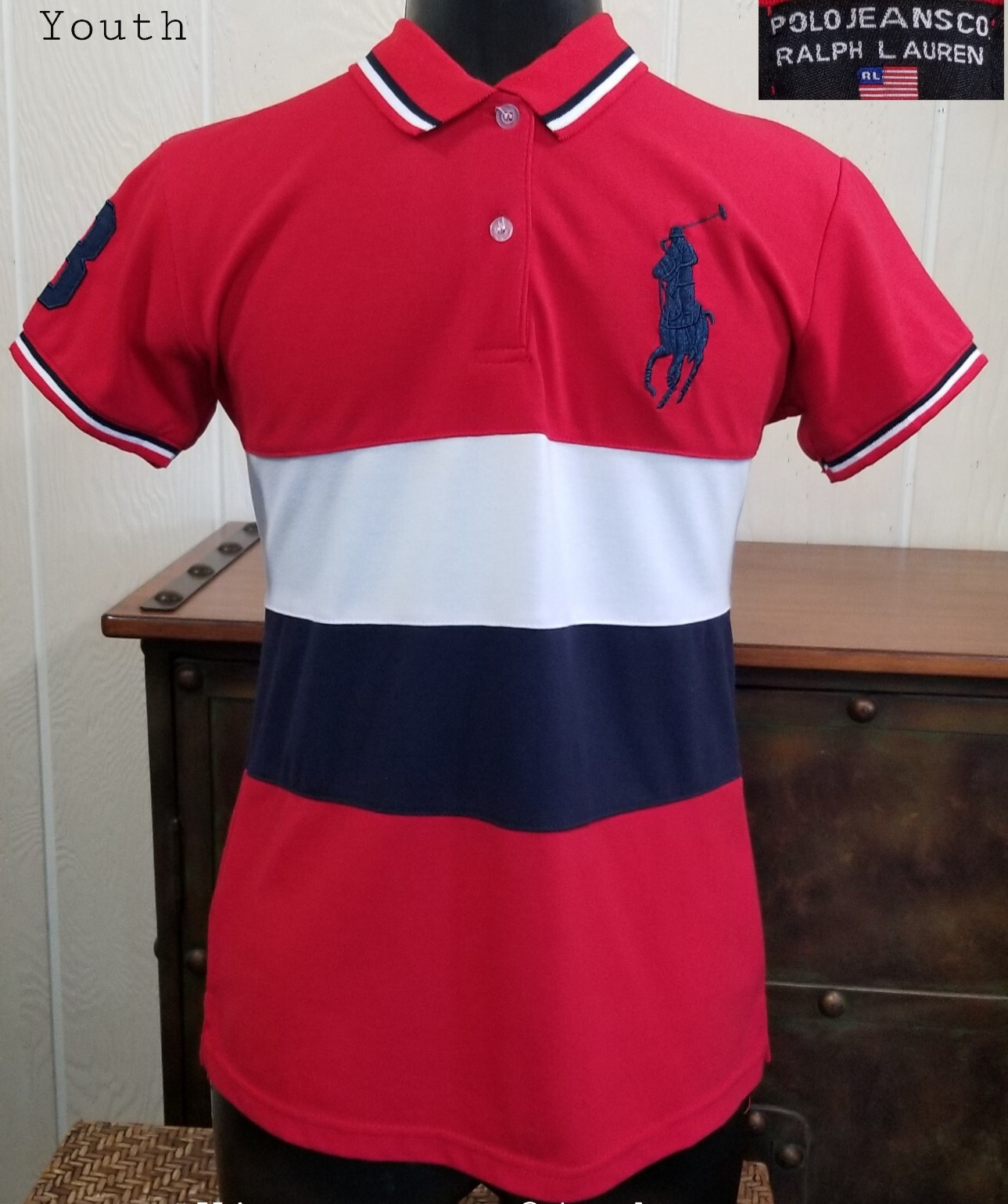 POLO Jeans Ralph Lauren Shirt Boys Youth Sz L 12 Red White Blue Big Pony #3