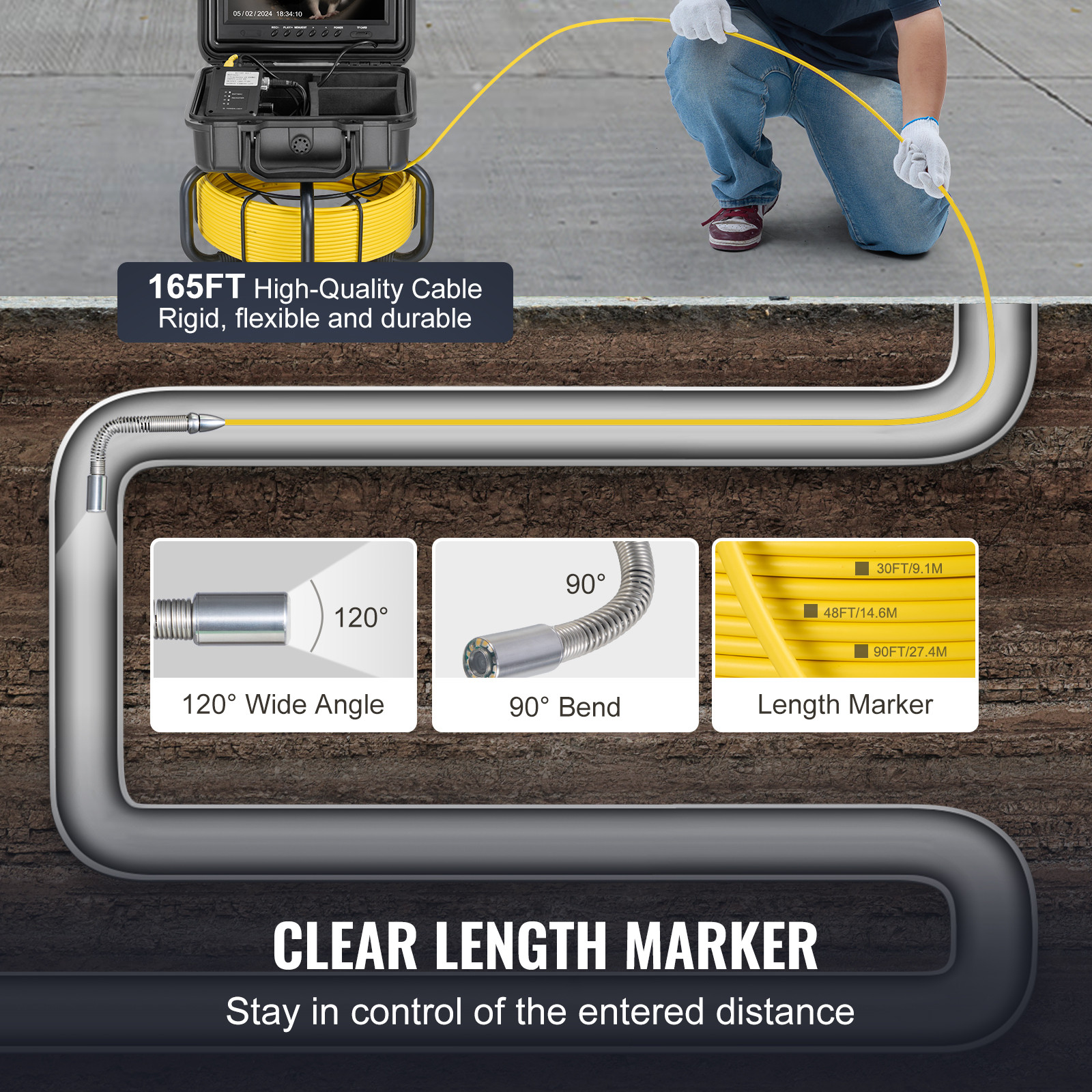 VEVOR Sewer Camera 165ft/50m Self-Leveling Drain Camera with 9" Screen 36X Zoom