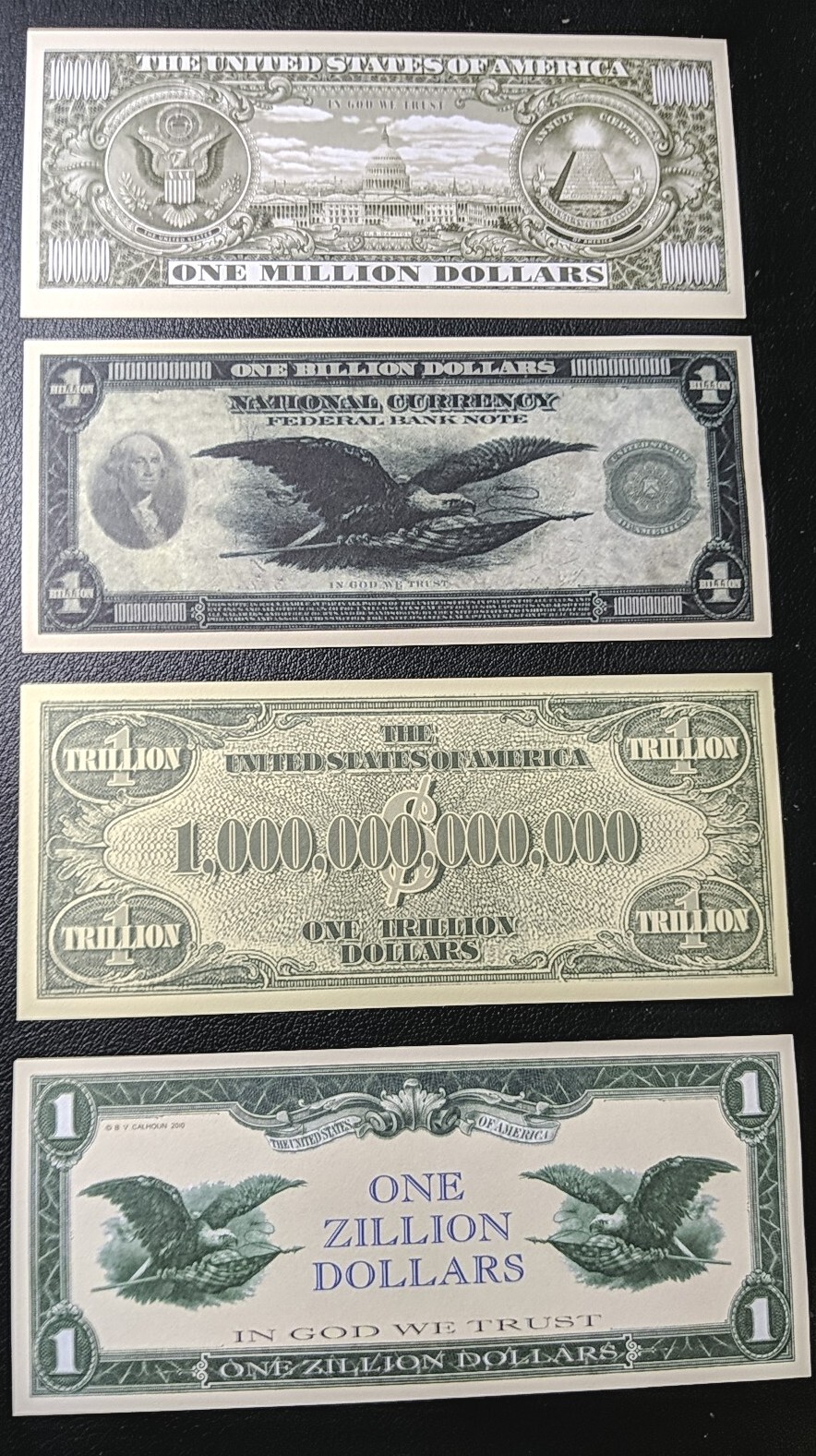 SET OF $1 Million, 1 Billion, 1 Trillion & 1 Zillion $ BILLS. Looks & feels real