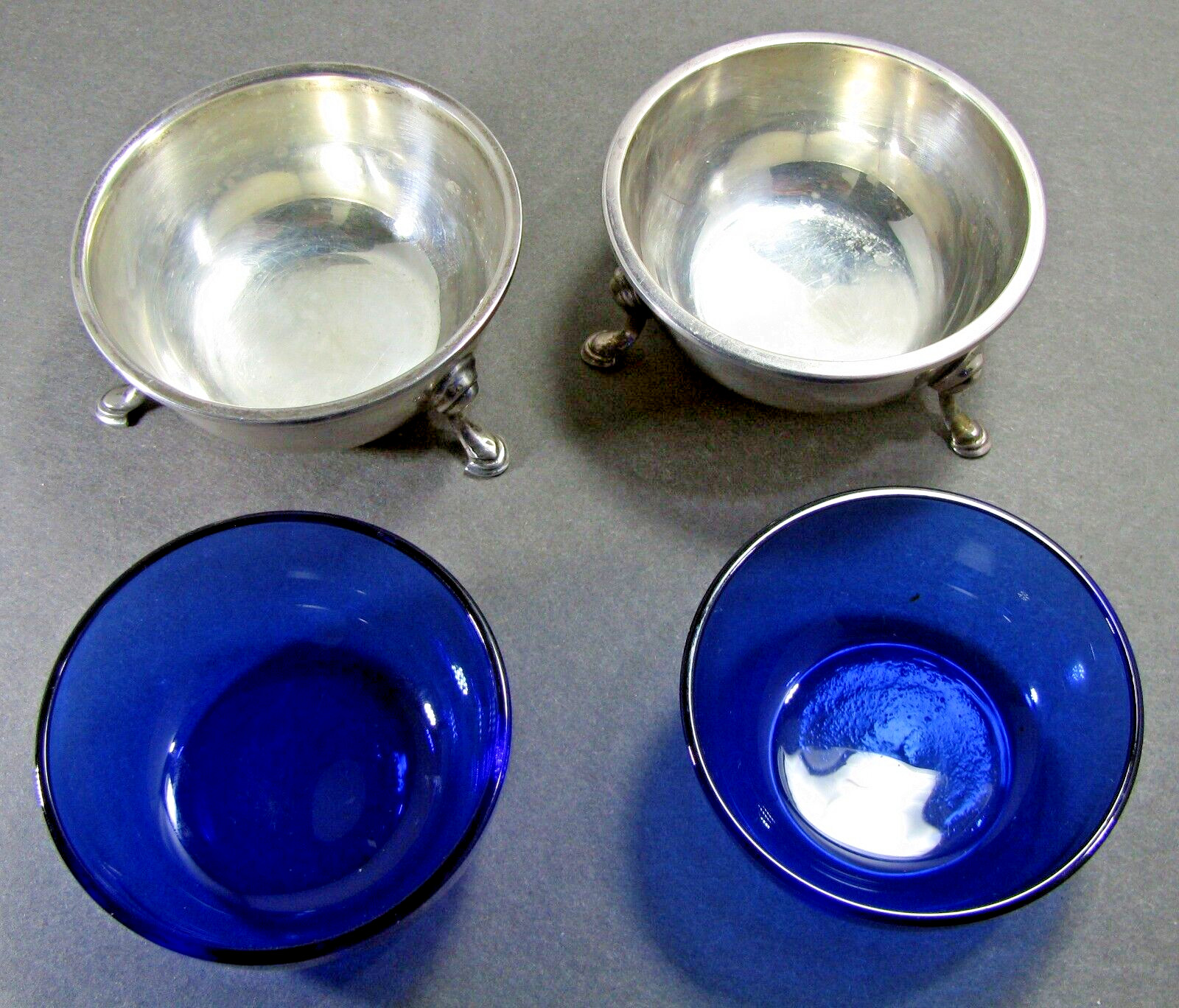 Sterling Silver Open Salt Cellars Pair with Cobalt Blue Liners