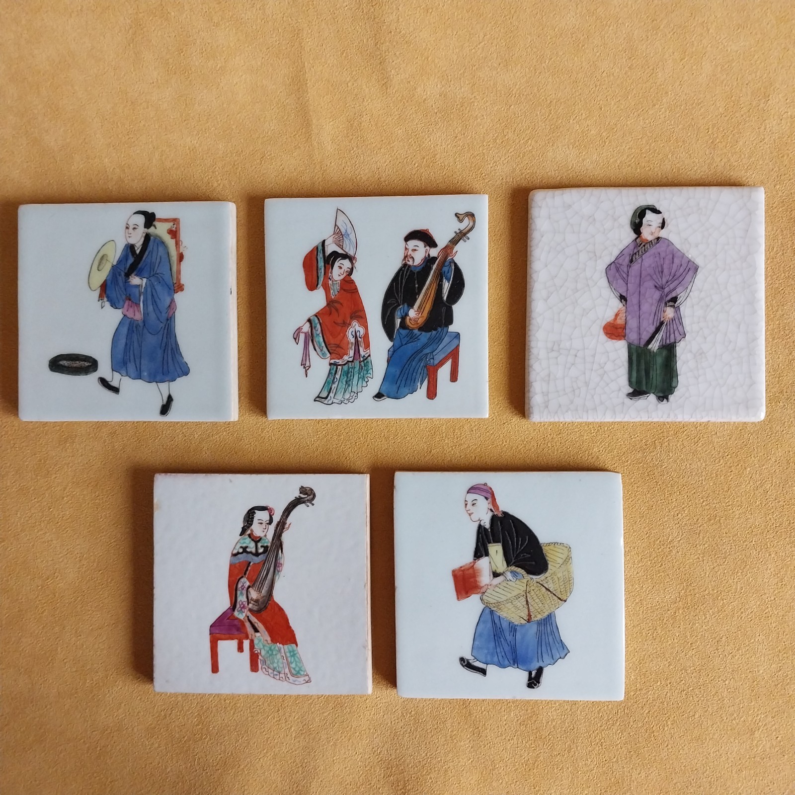 Grouping of Chinese Polychrome Porcelain Figurative Tiles 3 3/4"