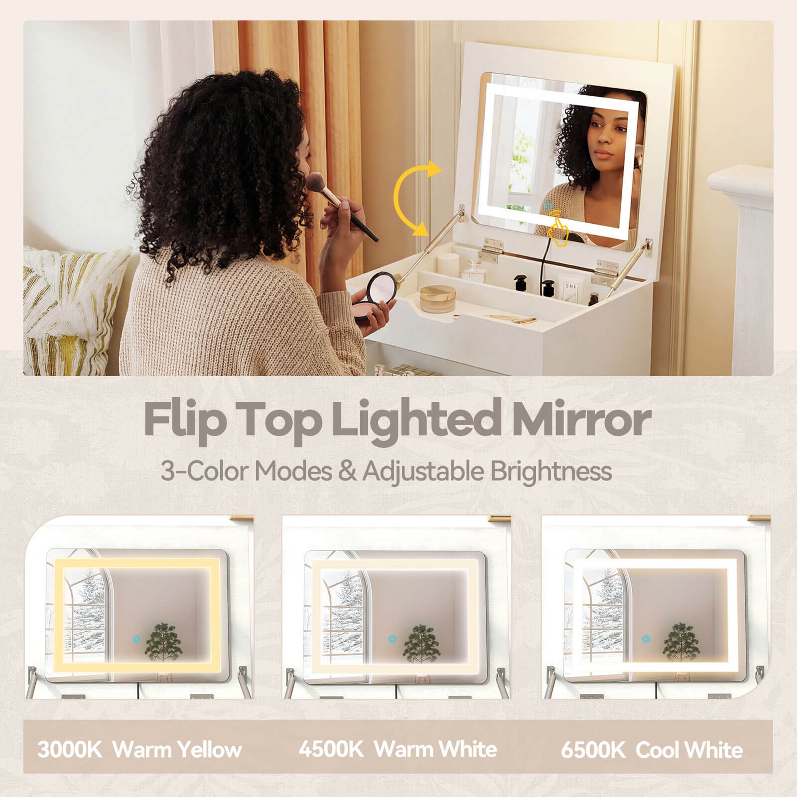 3-in-1 Small Vanity Desk Set w/Flip-top Mirror, Lights, Drawers, Storage Stool