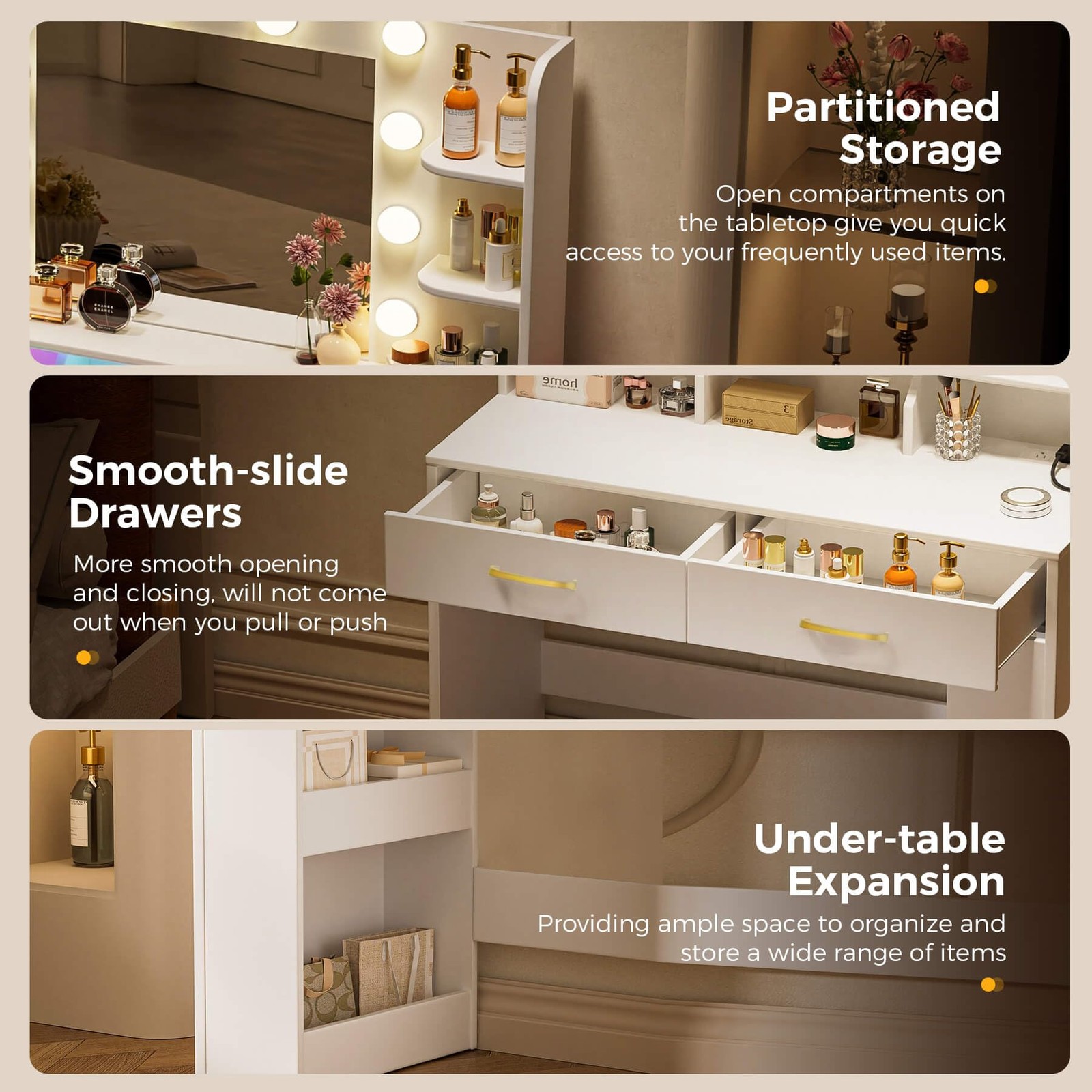 Vanity Desk with Lighted Mirror and Power Outlet, RGB LED Lights Makeup Vanit...