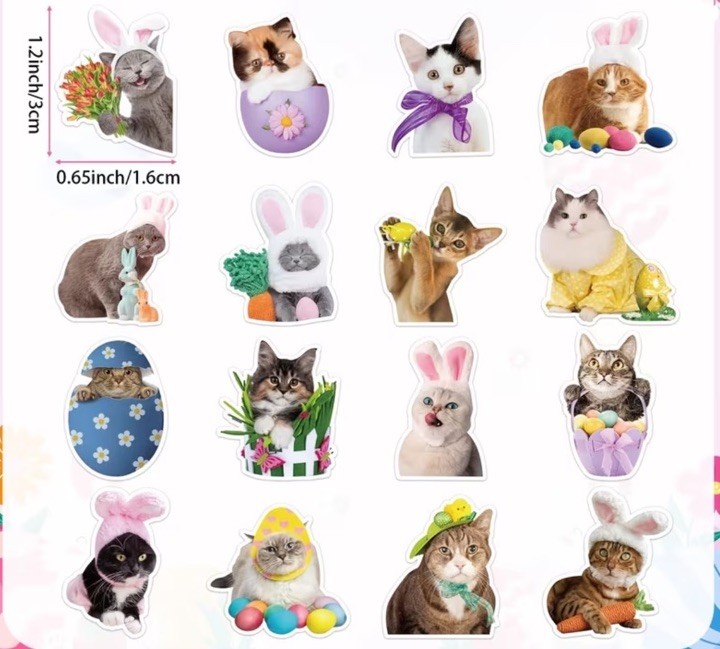 40 PCs ~1x1.2” Adorable Cats In Easter Costumes Stickers 16 Designs