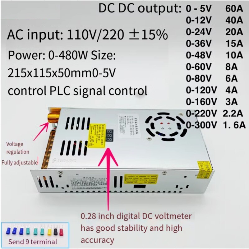 DC Switching Power Supply Adjustable Current Unit Converter 480W 0-300V /1.6-60A