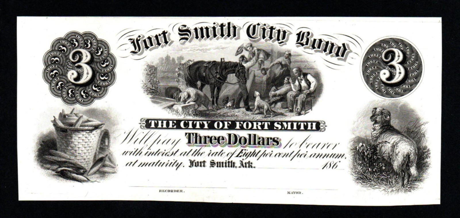 RARE PROOF The City of Fort Smith, Arkansas 186x $3 Broken Bank Note!