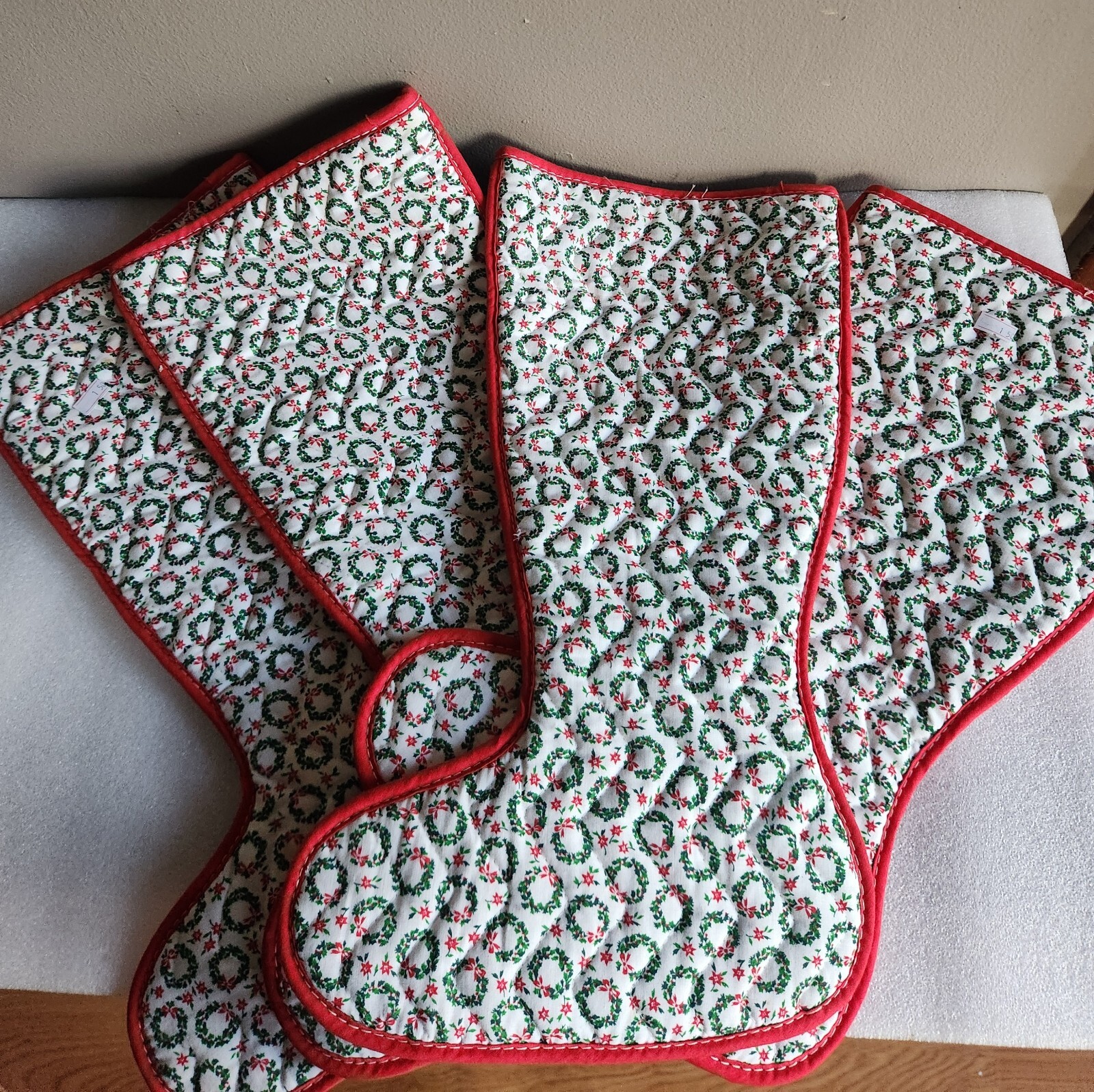 Christmas Stocking White with Green Wreaths & Red Poinsettia Pattern