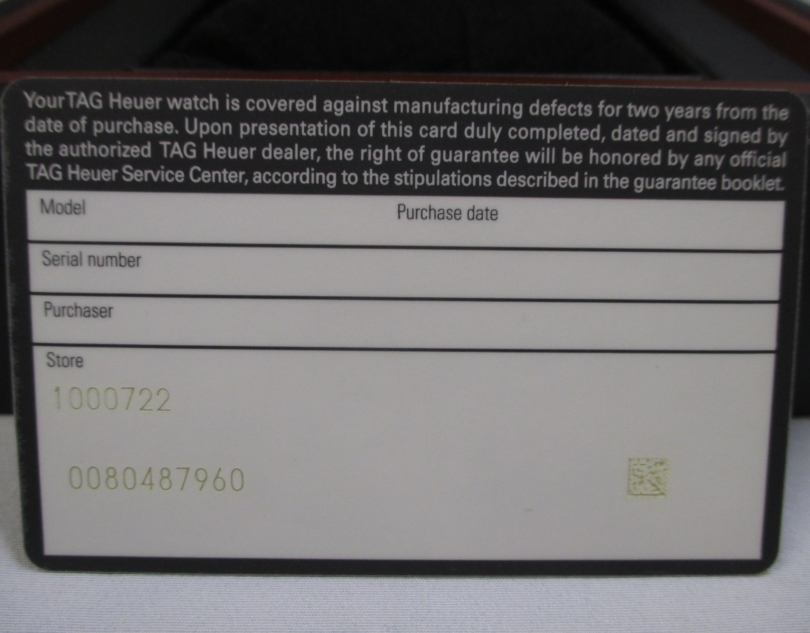 TAG Heuer 2-Years International Guaranty Card with Store Information Only NOS