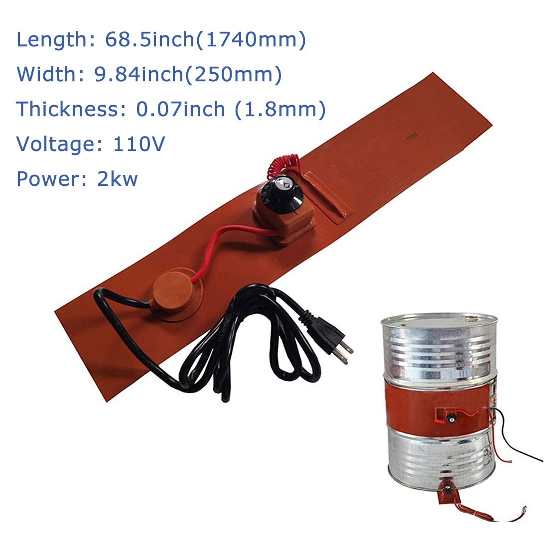 110V Oil Drum Heater Silicone Heating Blanket 1740*250*1.8mm Rubber Heater 2000W