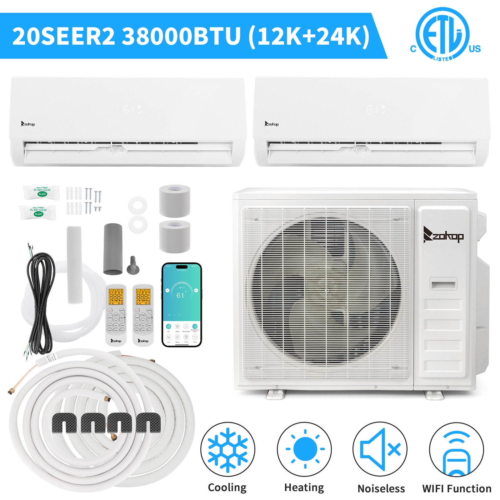 38000 BTU 2 Zone Mini Split Air Conditioner 20 SEER2 12K+24K Cool & Heat Pump