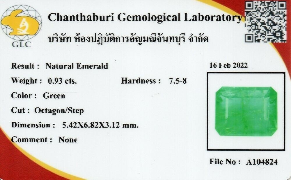 Natural Untreated EMERALD - *Certified by GLC* - 0.93 Ct (SI1) Octagon Green