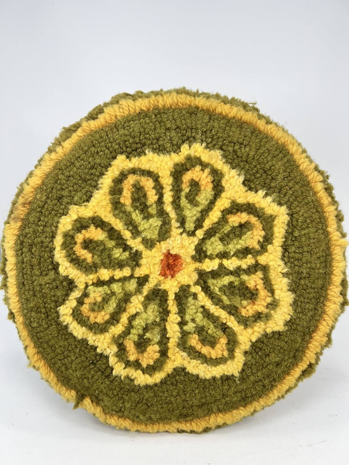 Vtg Round Footstool Floral Hooked Rug Top Wooden Legs MCM 8.75 x 12” Avacado