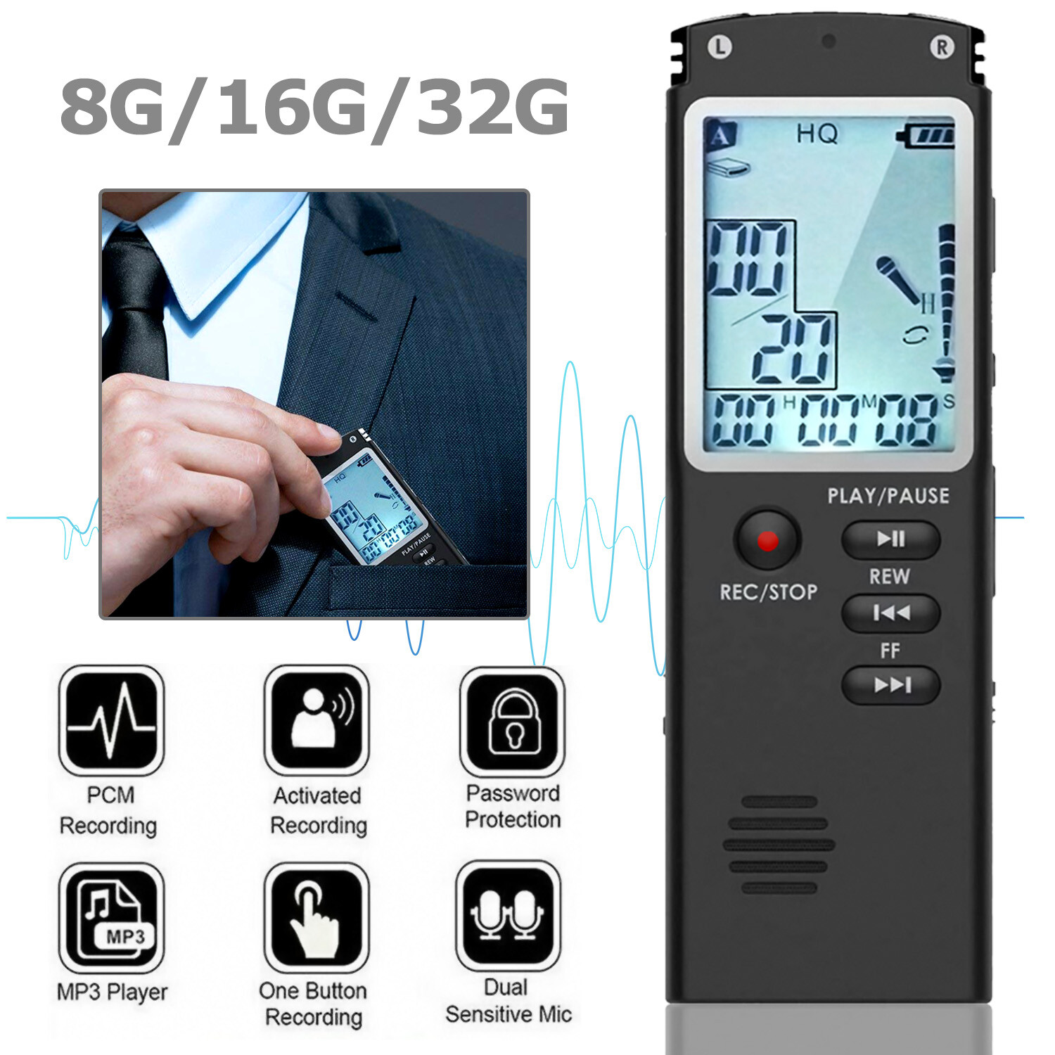 Voice Activated Mini Digital Sound Audio Recorder Dictaphone MP3 Player 8/16/32G