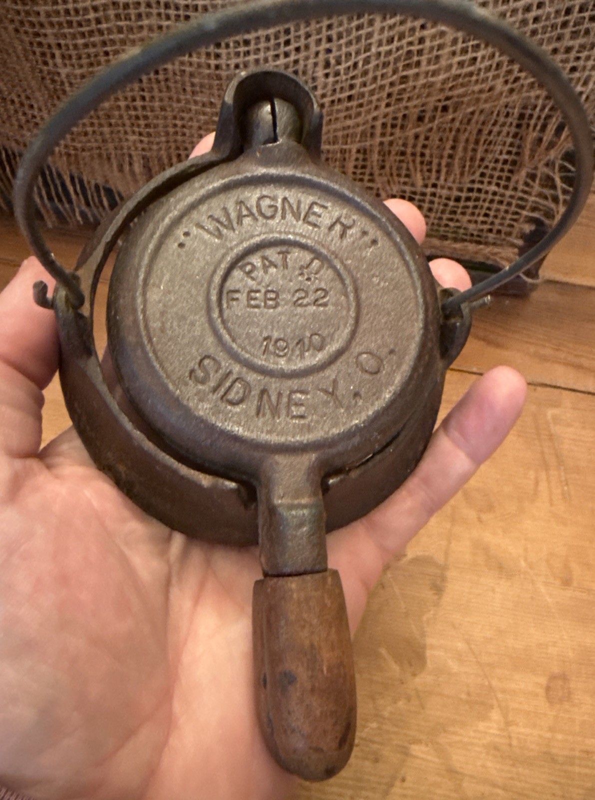 Wagner Cast Iron Miniature Waffle Iron Sidney O Pat Feb 22 1910