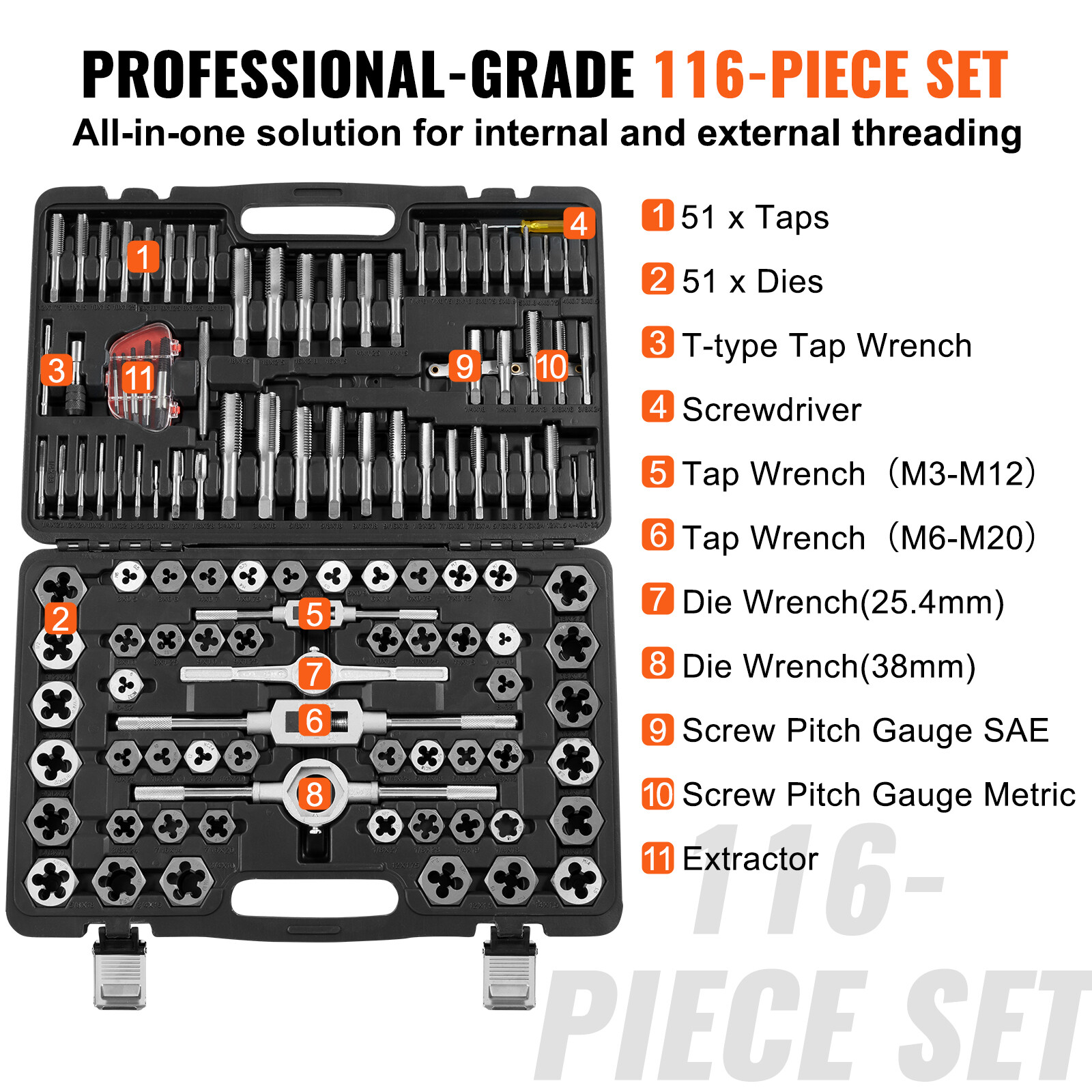 VEVOR Tap and Die Set 116Pcs Metric and SAE Size Bearing Steel Threading Tool