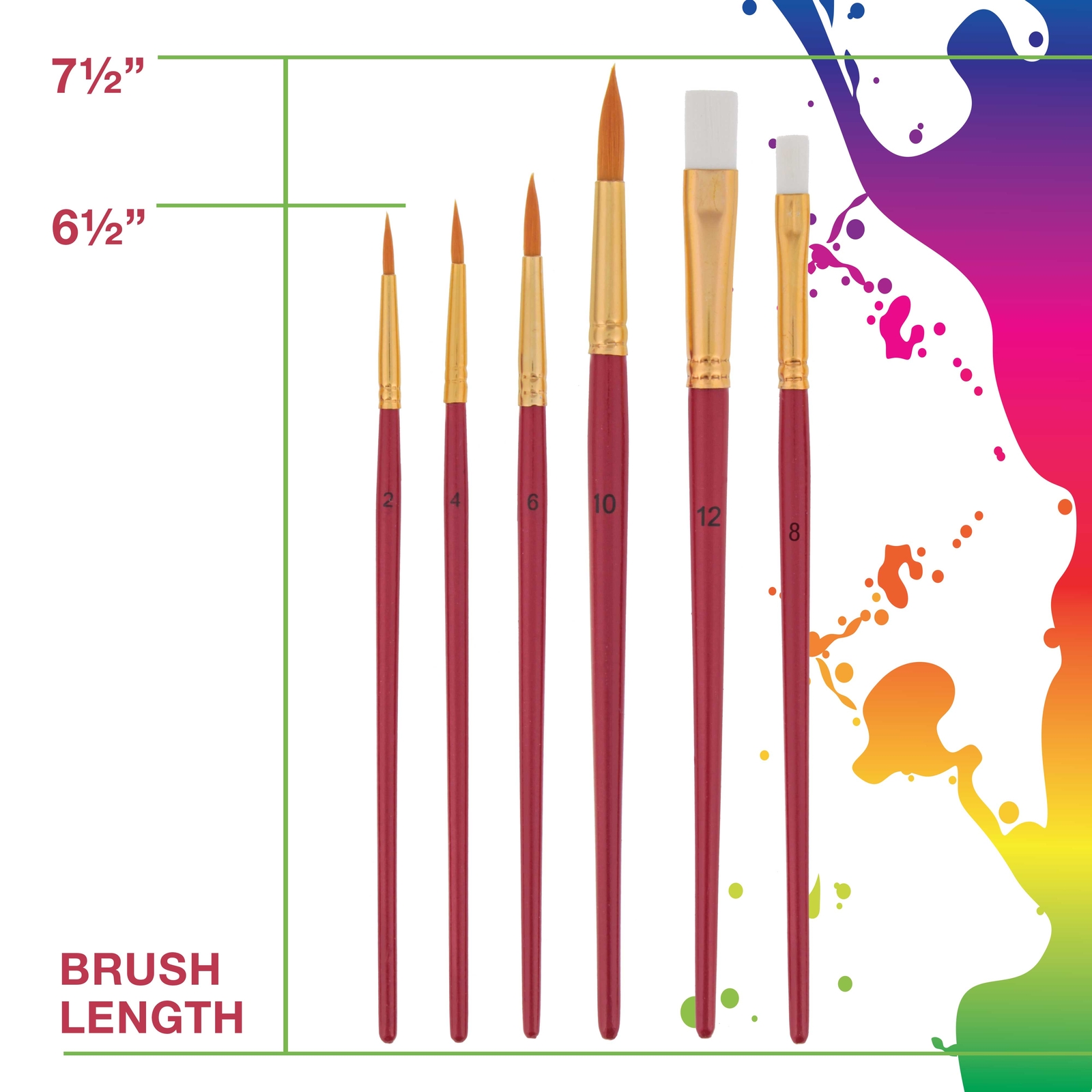 6 Piece Nylon Hair Face Painting Brush Set 4 Round Sz. 2-4-6-10, 2 Flat Sz. 8-12