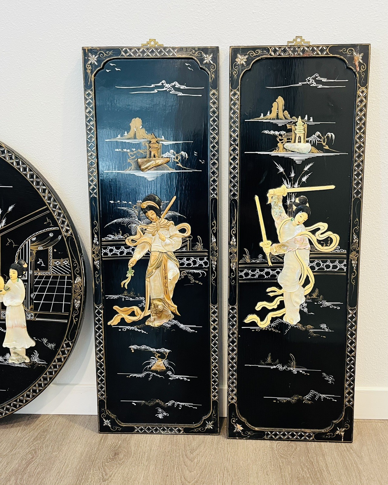 VTG 5 Asian Oriental BLACK Lacquer Mother of Pearl Wall Panels 36H x 11,5W, 30”