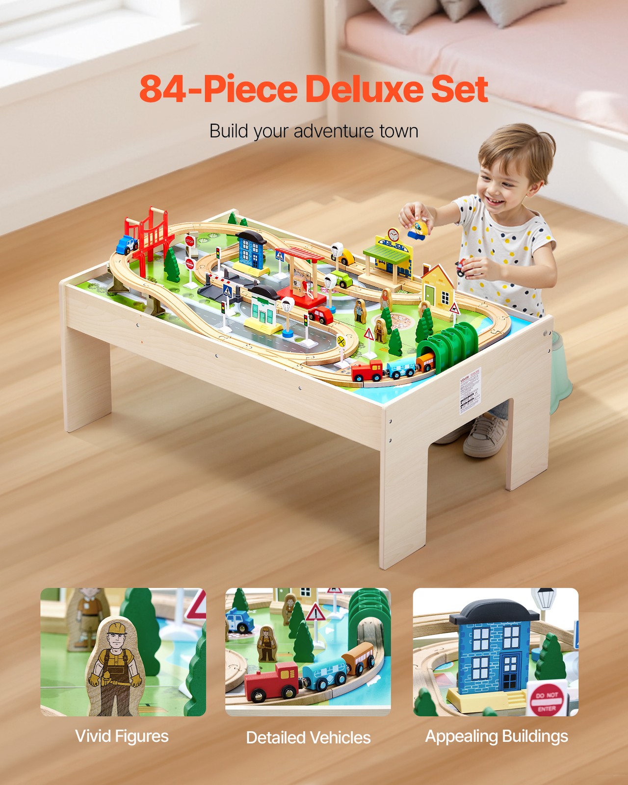 VEVOR Train Table 84Pcs Wooden Kids Activity Table with Collapsible Storage Bin