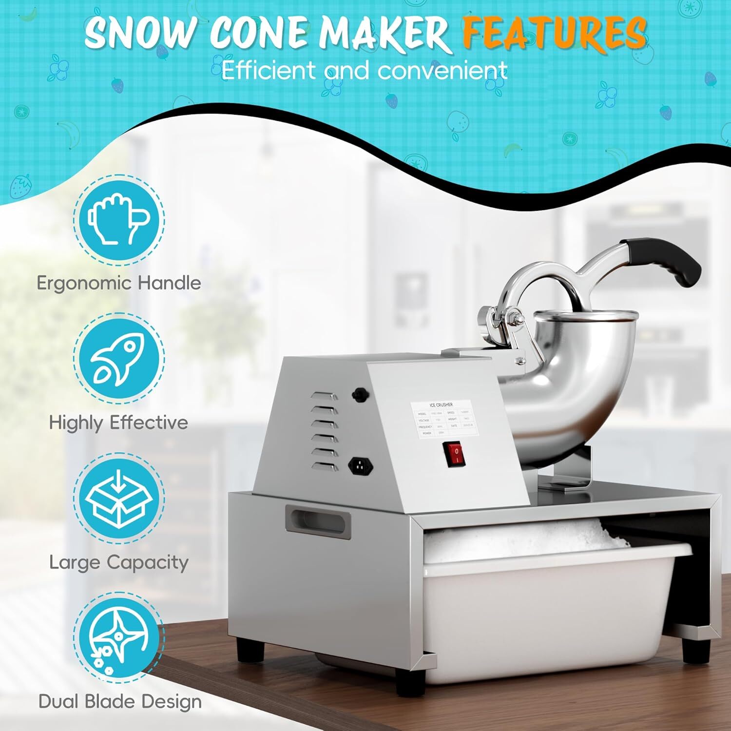 Commercial Ice Shaver 500LBS/H Electric Ice Crusher Snow Cone Machine 300W 48L