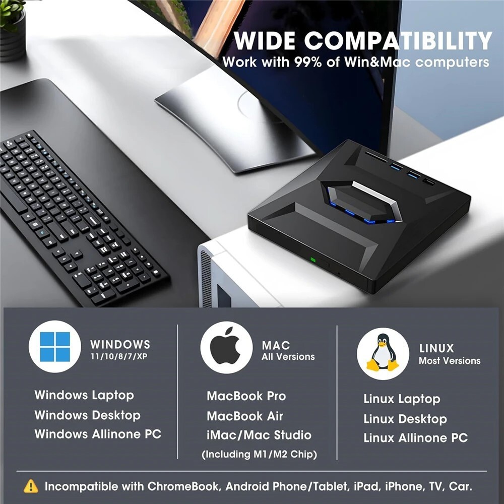 External CD DVD Drive, USB 3.0 Player Burner Writer, for PC Laptop Windows 11 10