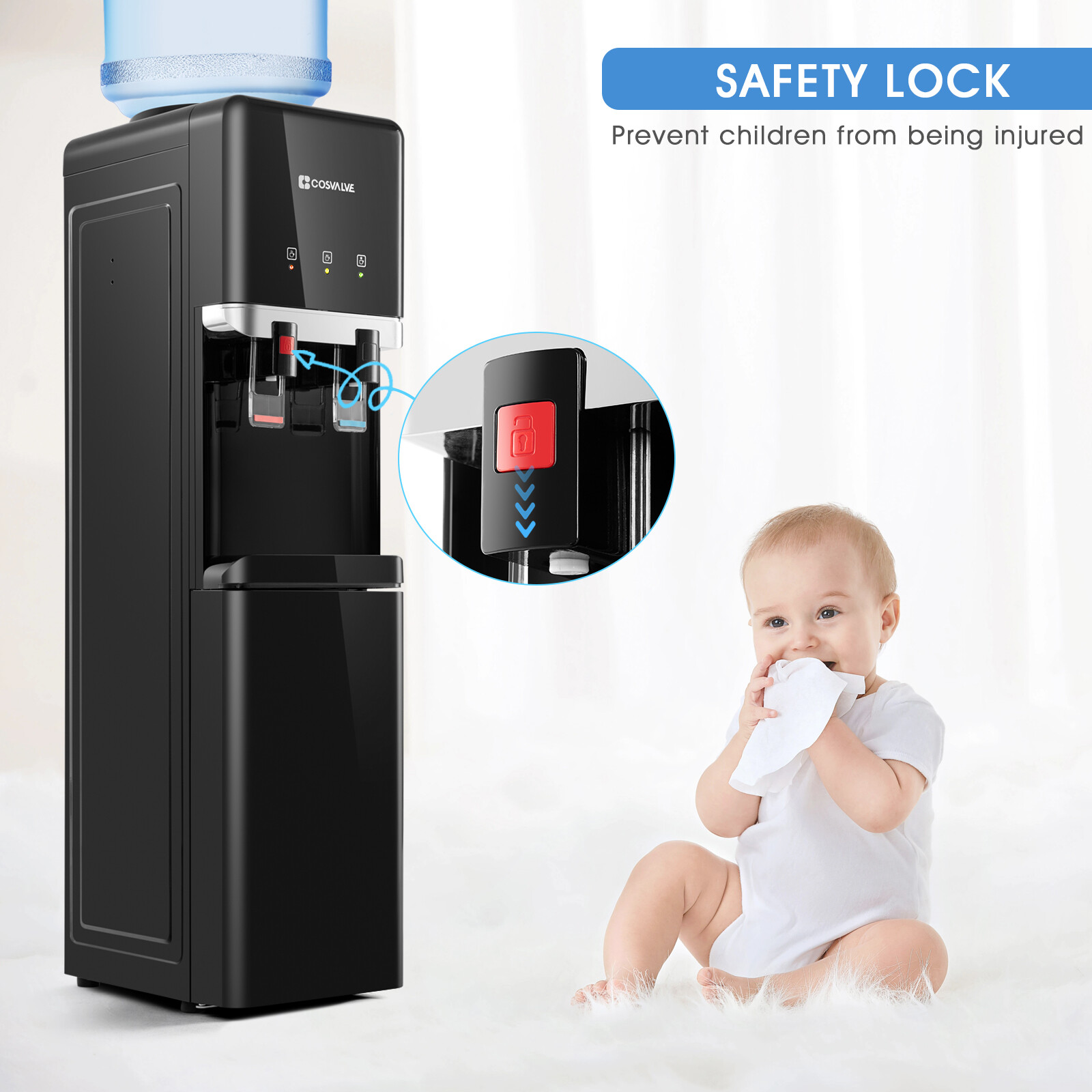 Top Loading Hot/Cold Water Cooler Dispenser Compressor Refrigeration w/ Freezer