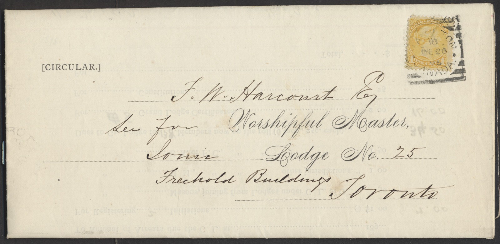 1895 1c Small Queen Circular Grand Lodge of Canada Hamilton Squared Circle