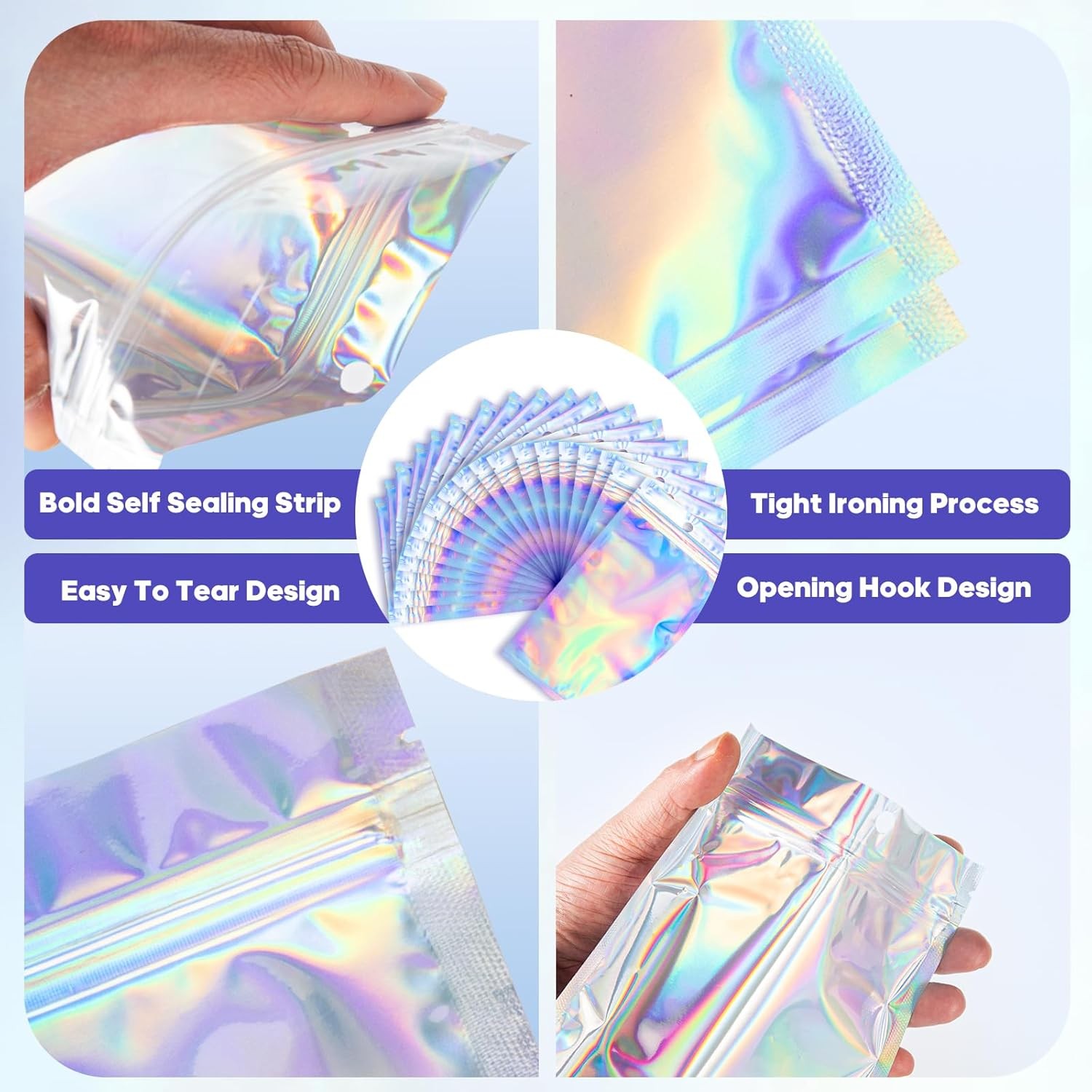 100Pcs Holographic Resealable Bags, 4x6 inch Packaging Foil Pouch ，Motomy Myla
