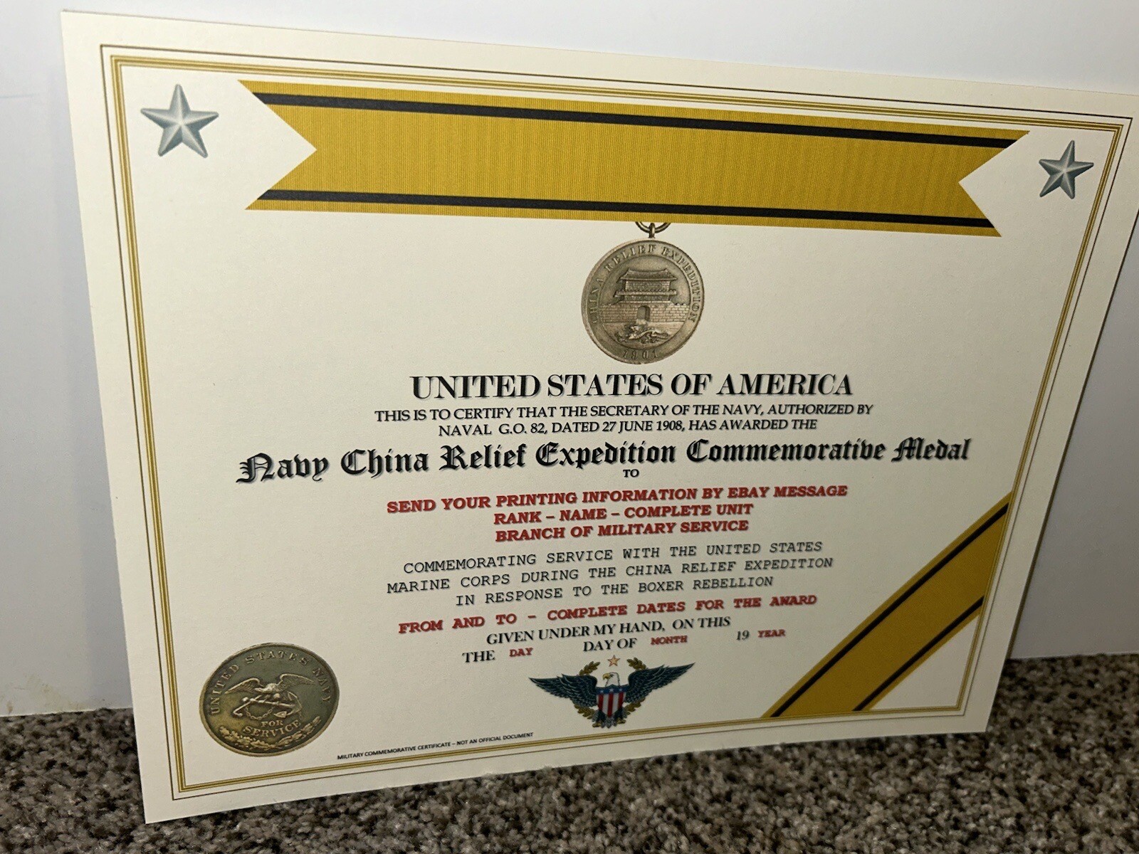 NAVY CHINA RELIEF EXPEDITION COMMEMORATIVE MEDAL CERTIFICATE ~ W/PRINTING TYPE-1
