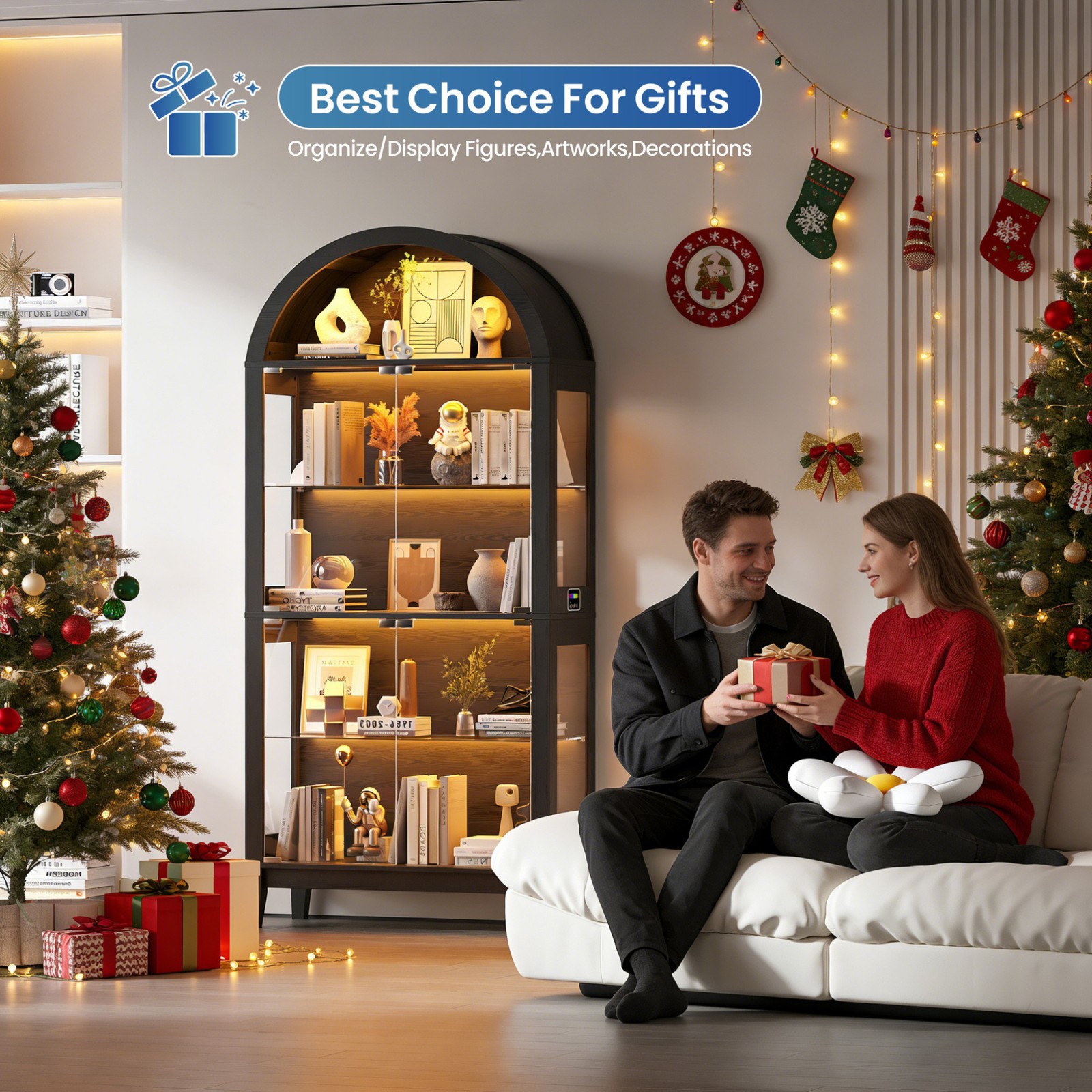 Black Curio Cabinet with Glass Doors, 69" Arched Display Cabinet with RGB Lights