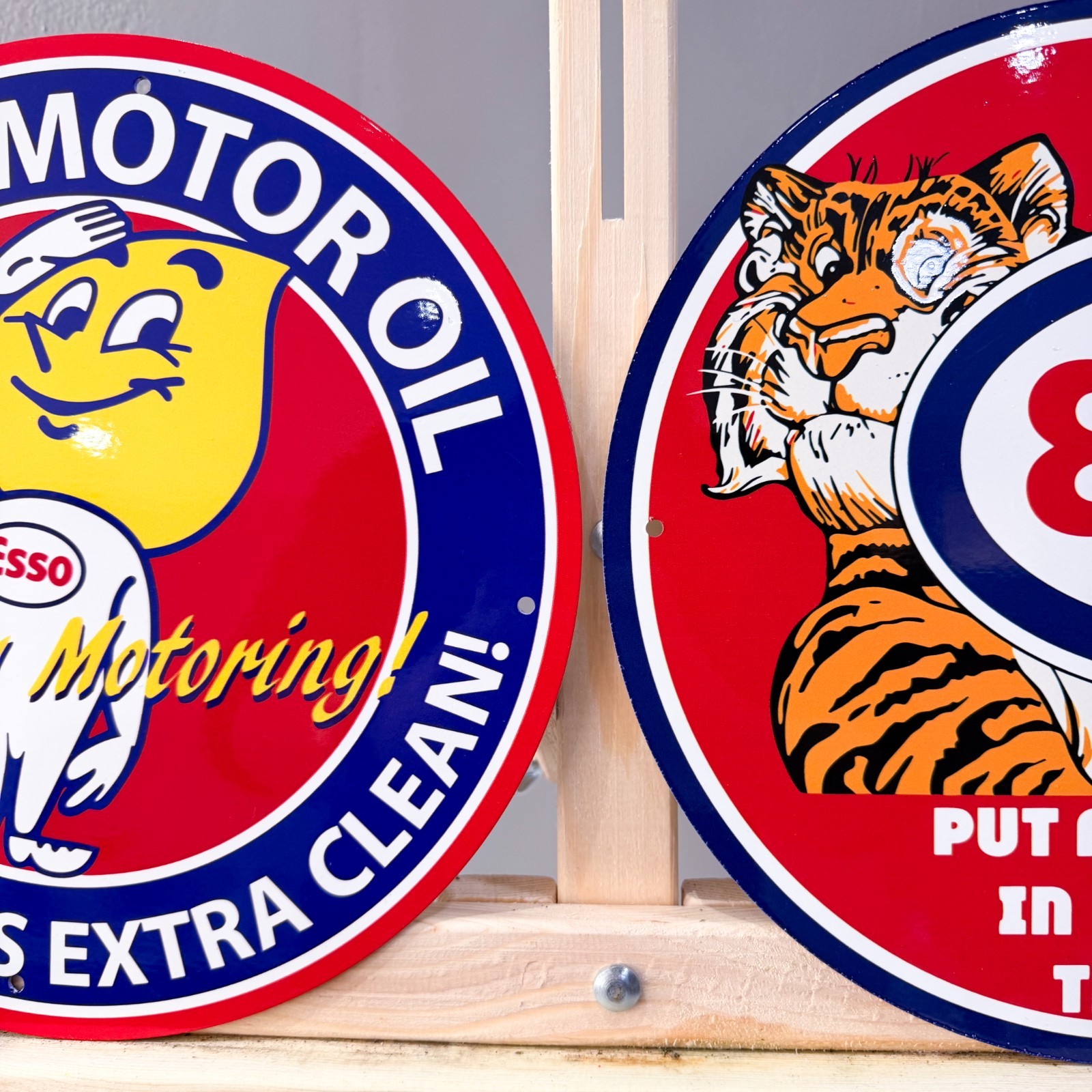 Esso Vintage Metal Sign Set of 2 Tiger & Man Happy Motoring – 30 cm / 11.8”