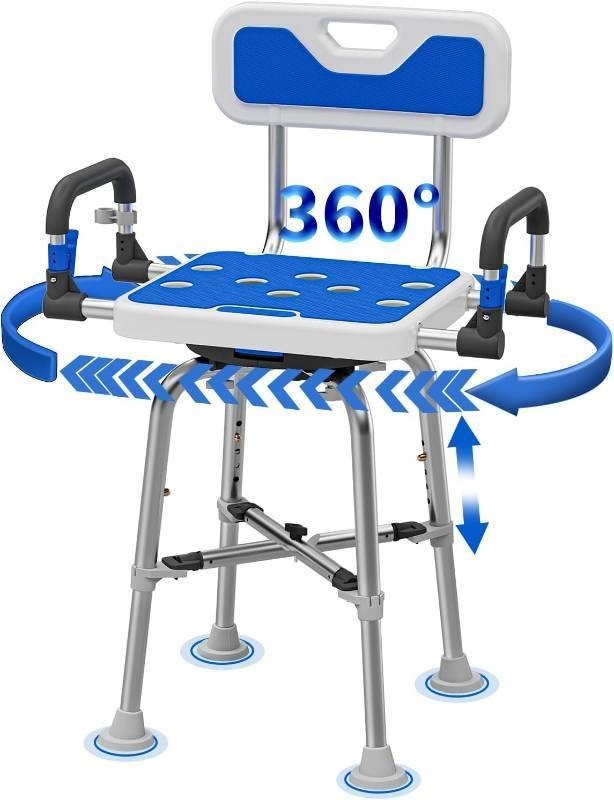 500lb Rotating Shower Chair w Arms & Back 360 Swivel Seat Aluminum XY‑K406