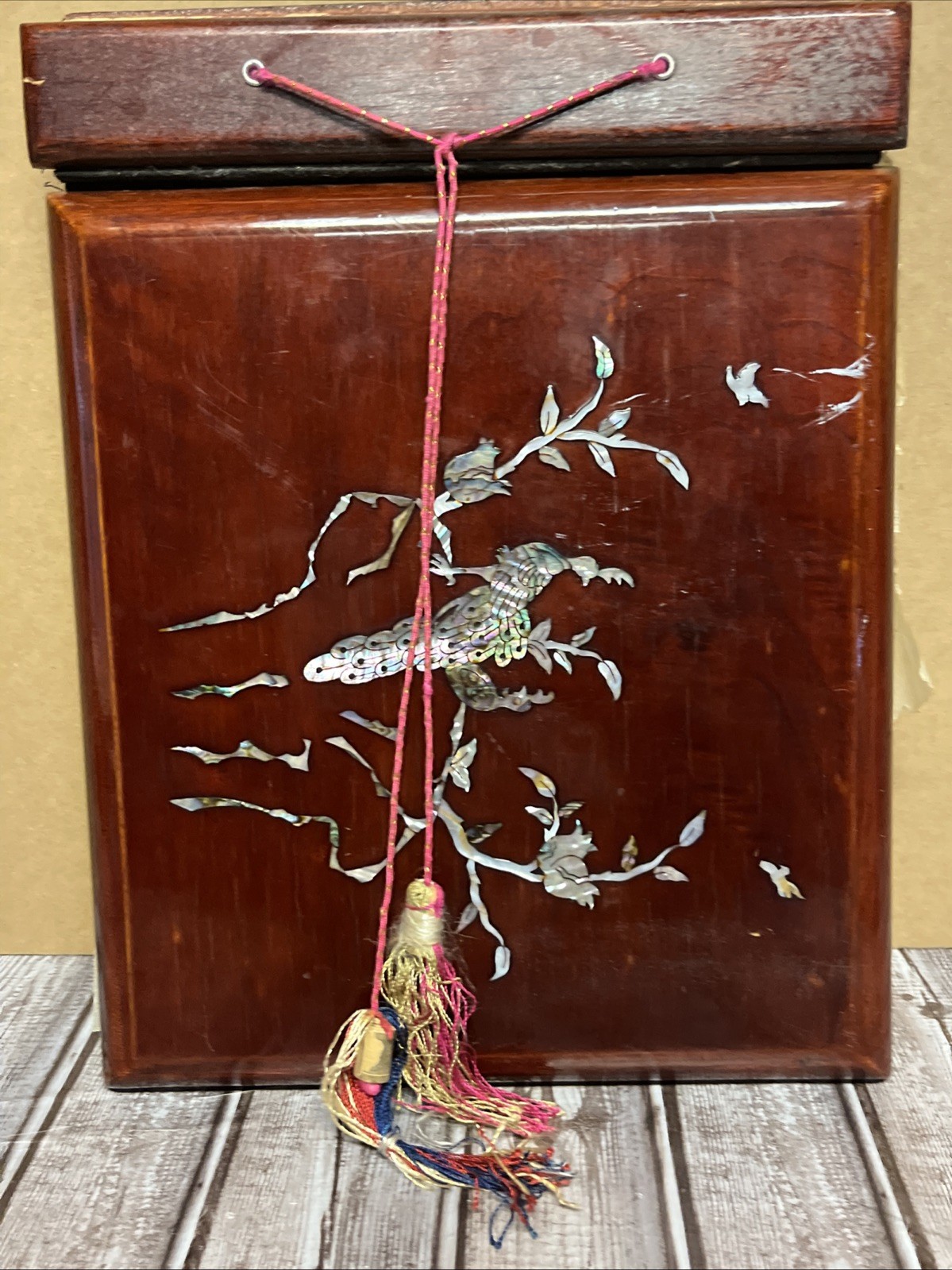 Asian Wood Inlayed Photo Album Abalone Shell Peacocks Flowers Music Book Vintage