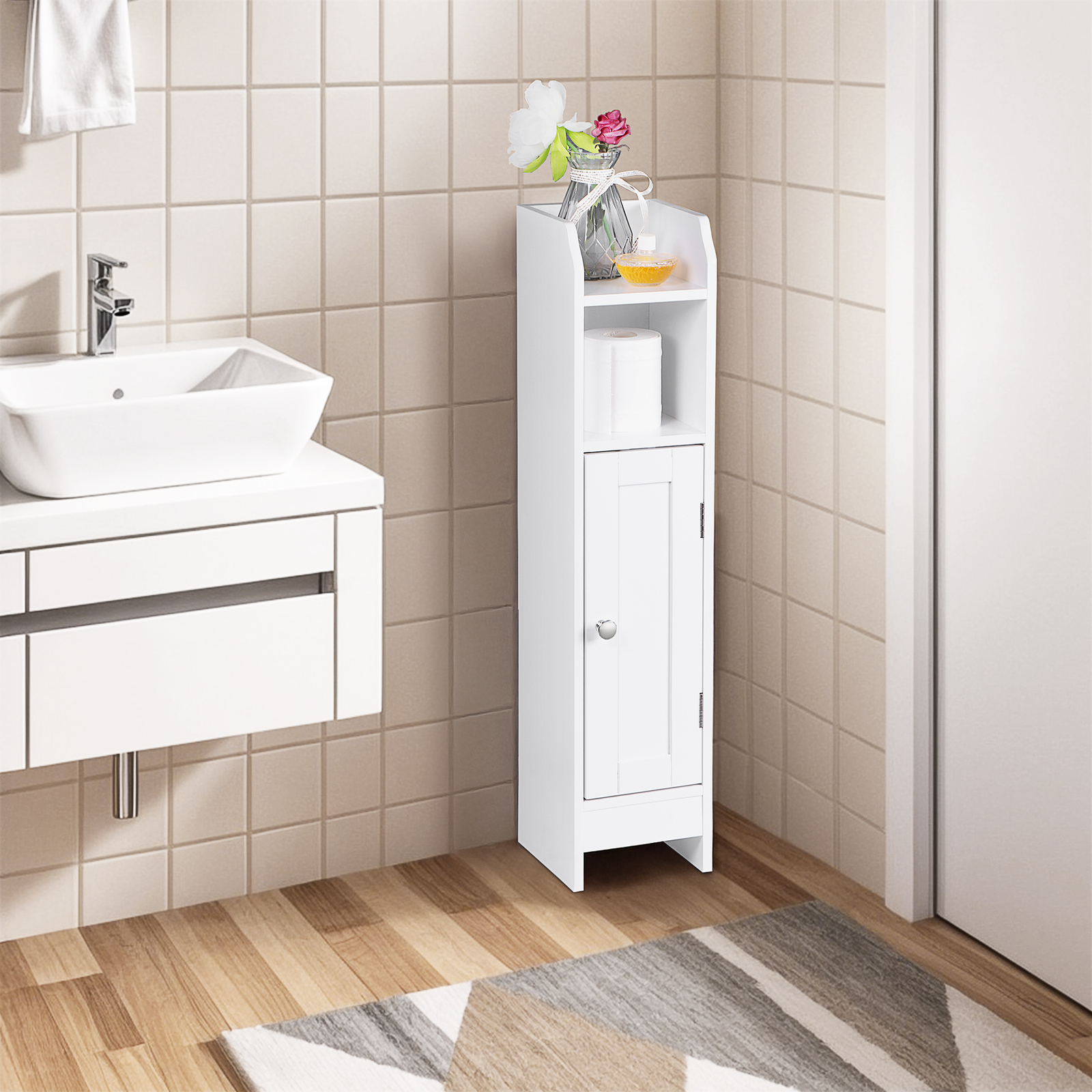 Small Bathroom Storage Cabinet White Floor Standing w/ Door & Shelves Storage