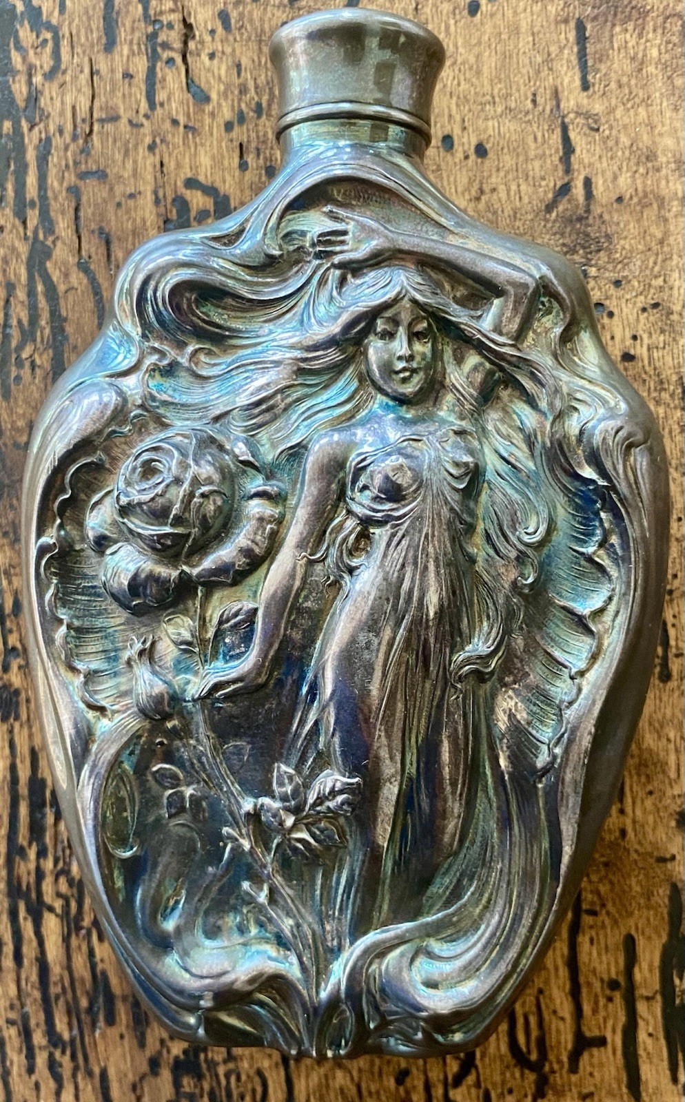 Art Nouveau Spirit Flask Victor Silver Co Nymph Relief Iridescent Barware Superb