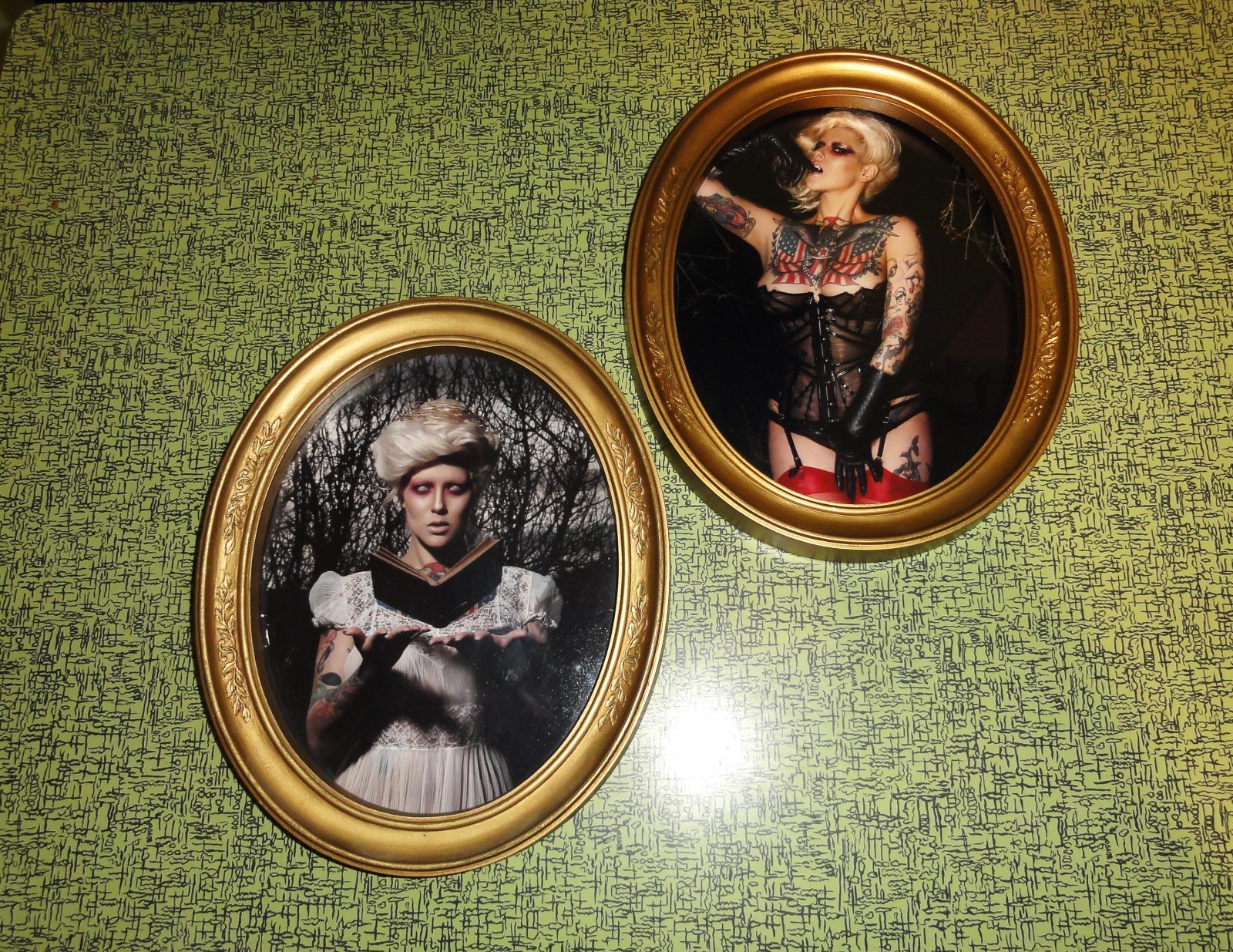 Vintage Two Gold Oval Frames with Gothic Pinup Girl Photos Vampire Look tattooed
