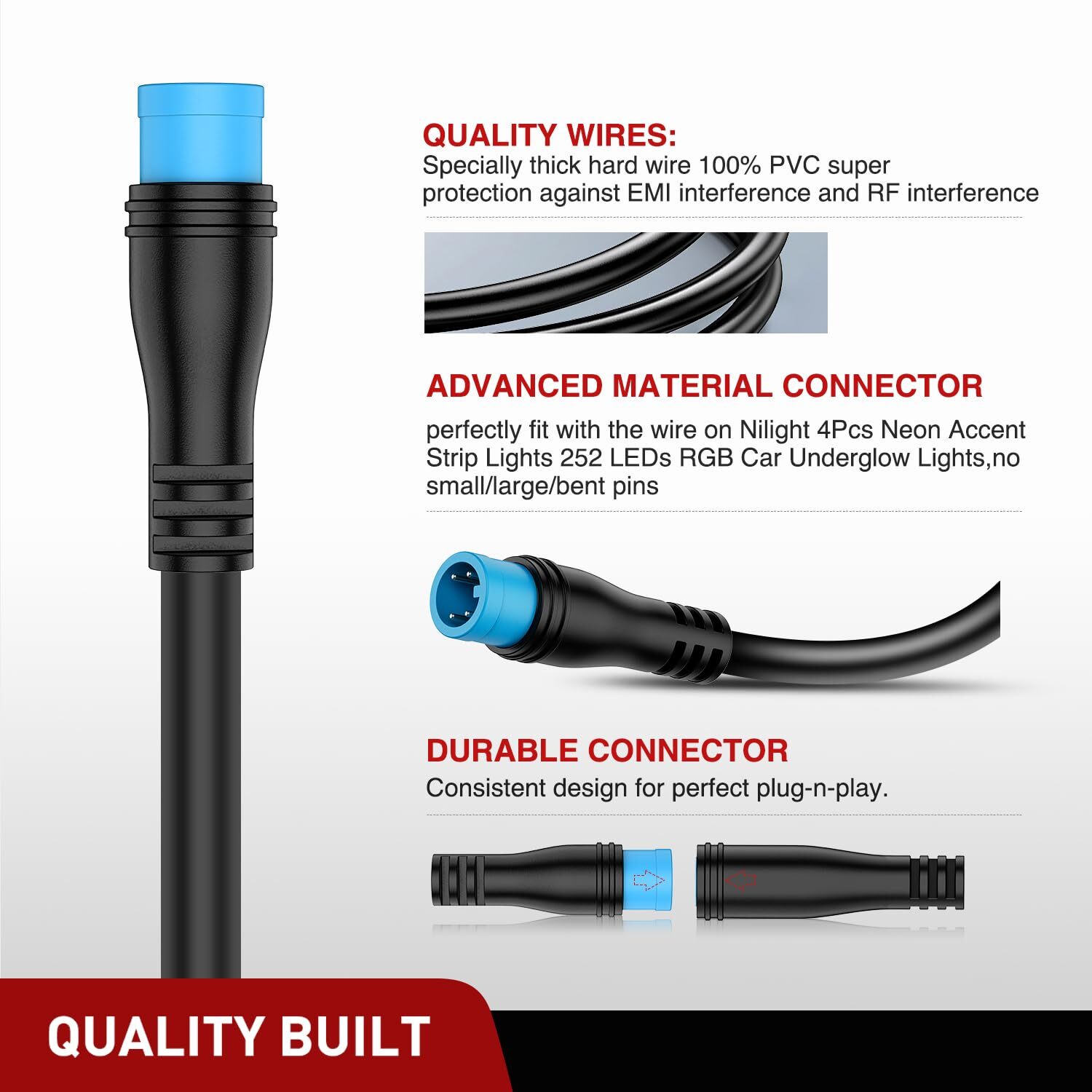 Nilight 2 Pack 5FT 4 Pin Extension Cable Cord for 4Pcs Car Underglow Lights