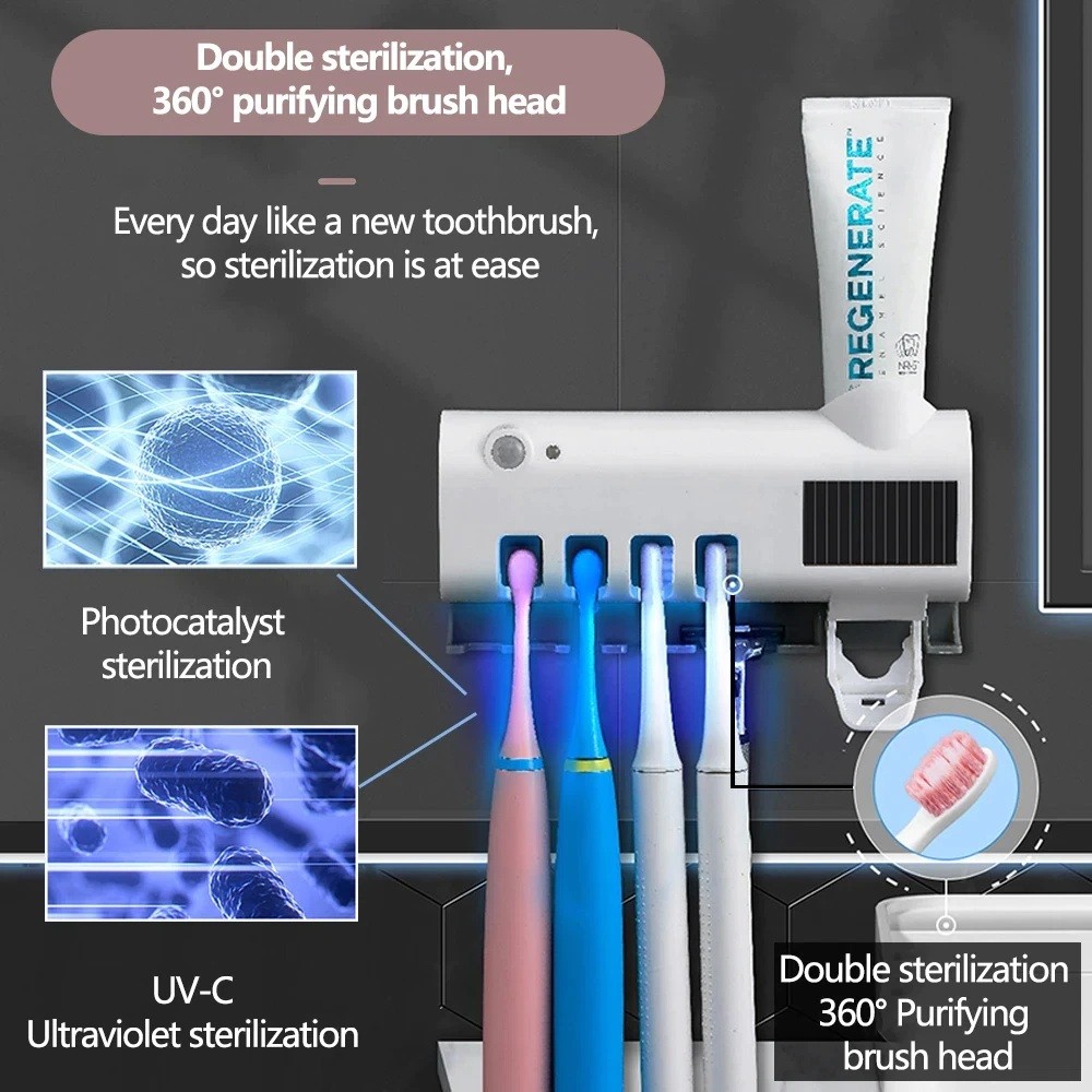 UV Light Toothbrush Sterilizer Holder & Automatic Toothpaste Dispenser Cleaner