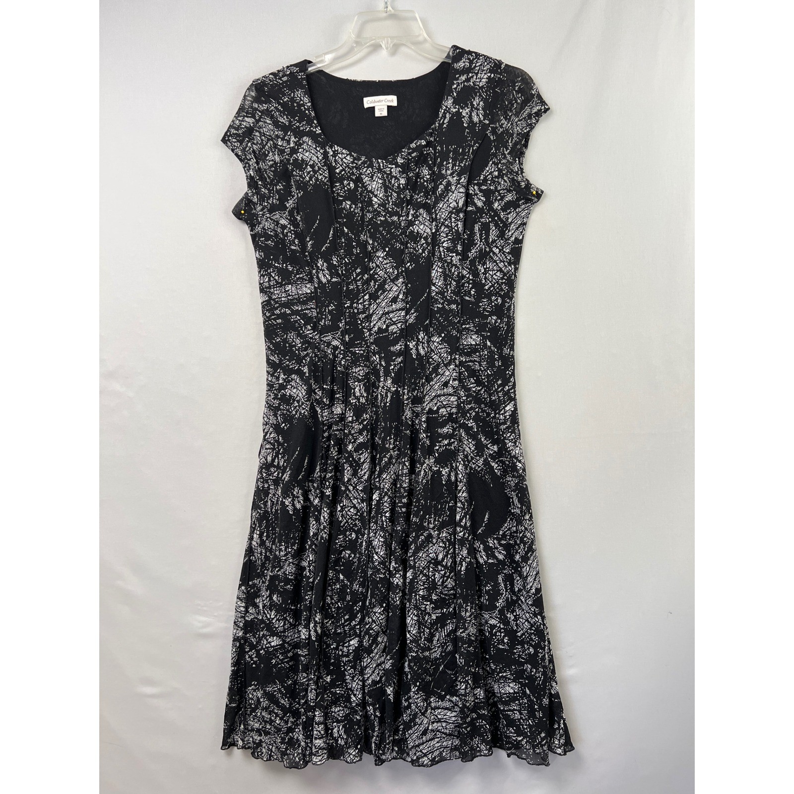 Coldwater Creek Dress Women 16 Black White Abstract Mesh Cap Sleeve Fit Flare