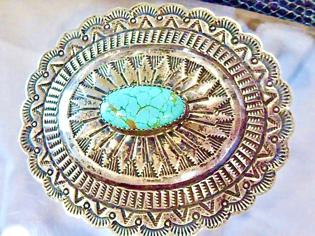 EARLY HAND STAMPED SIGNED NAVAJO STERLING SILVER SPIDER WEB TURQUOISE CONCHO