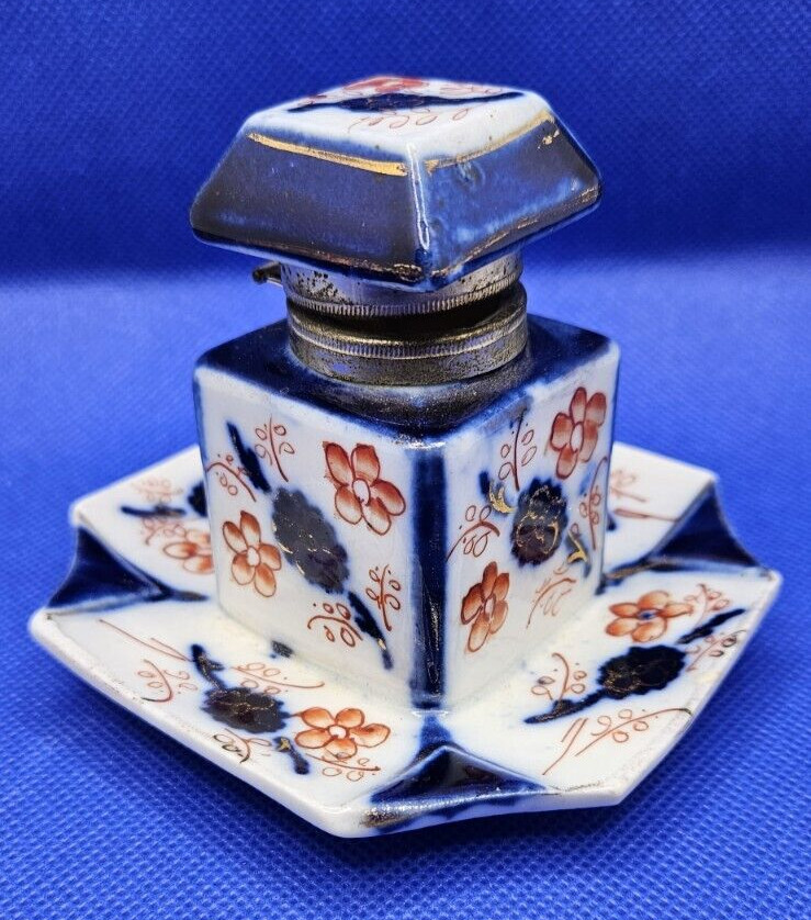 Imari Inkwell Japanese Porcelain Lidded Victorian Cherry Blossom Antique
