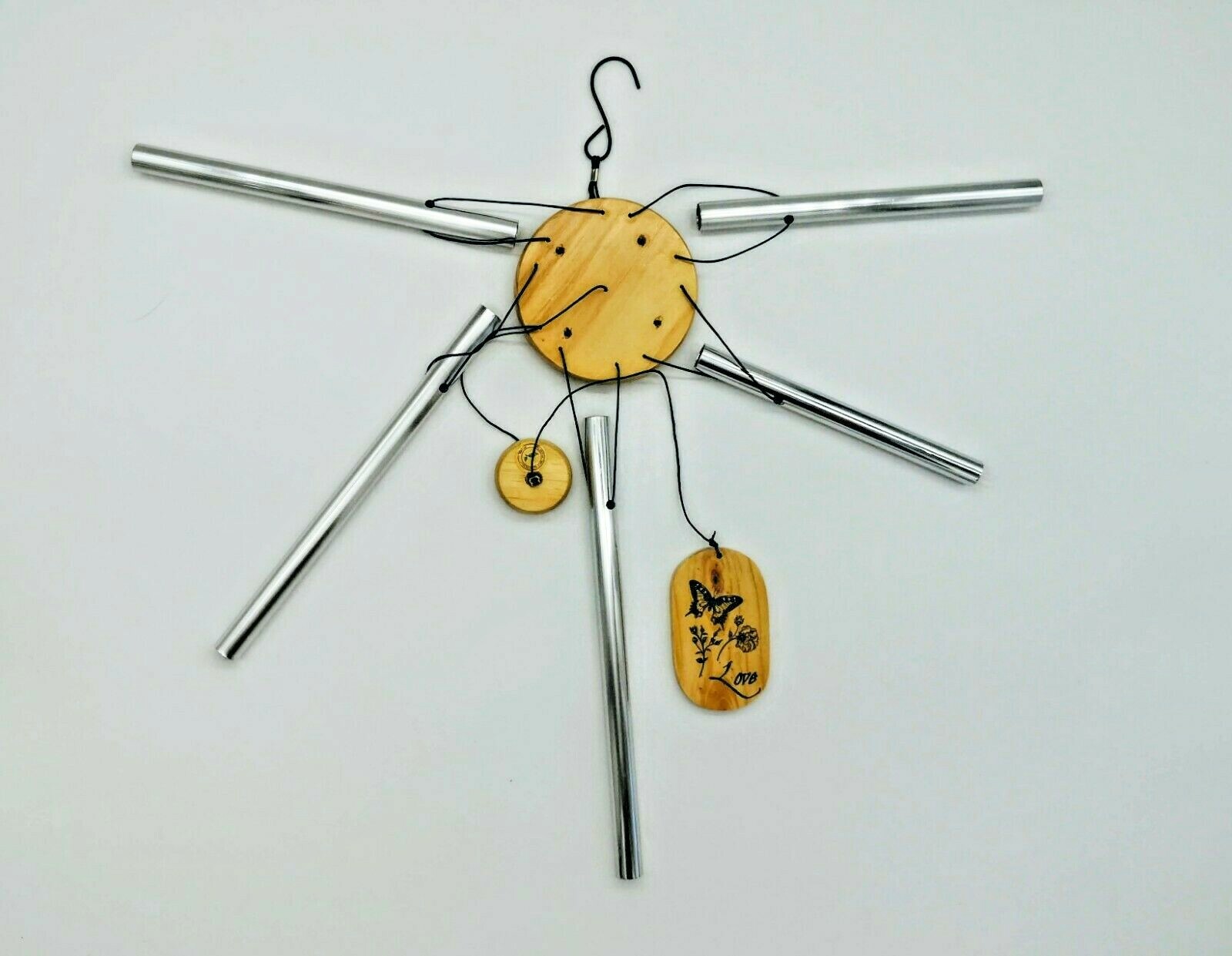 Wind Chimes Natural Wood & Metal Love Wind Chime 5 Tubes Wooden 26" Windchimes